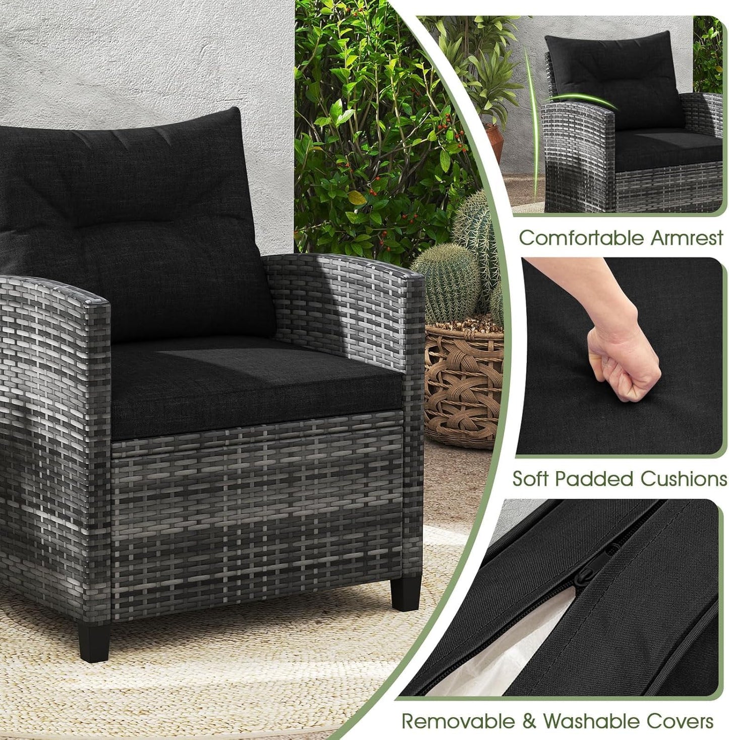 LDAILY Patio Furniture Set, 3 Pieces PE Rattan Wicker Patio Sofa Chairs with Washable Cushion & Glass Table, Outdoor Furniture Conversation Sets for Porch, Balcony, Garden, Poolside (Black)