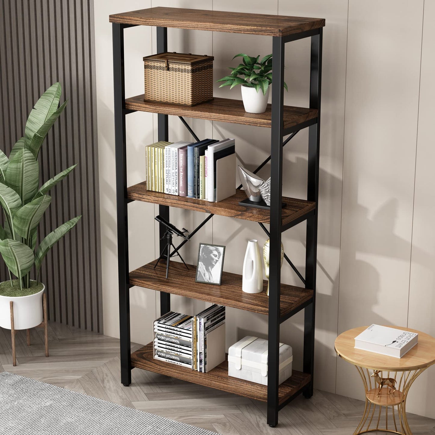 AY-AOYUAN 5 Tier Industrial Solid Wood Bookshelf, Open Etagere Bookcase with Metal Frame, Vintage Industrial Style Bookcase/Metal and Wood Bookshelf Furniture (AY01-5tier)