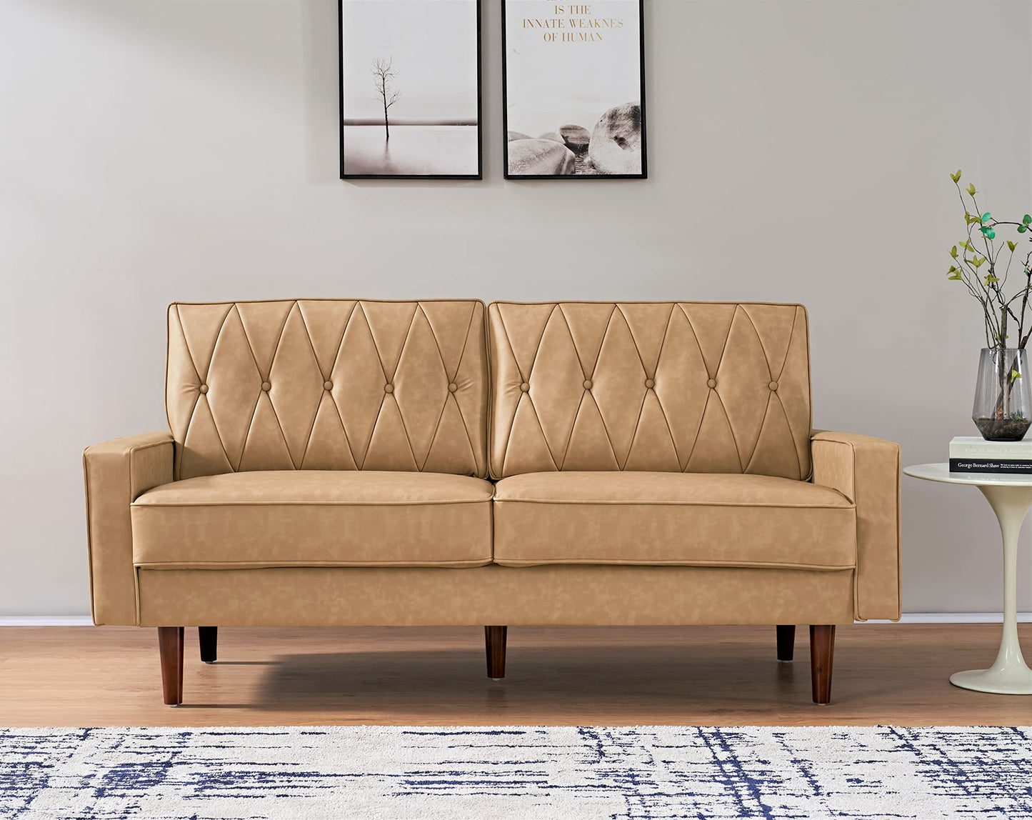 Container Furniture Modern Style Faux Leather Sofa with Elegant Round Tapered Legs and Button Tufted Backrest Perfect for Living Room, Bedroom or Home Office, 69.3’’ Wide, Camel