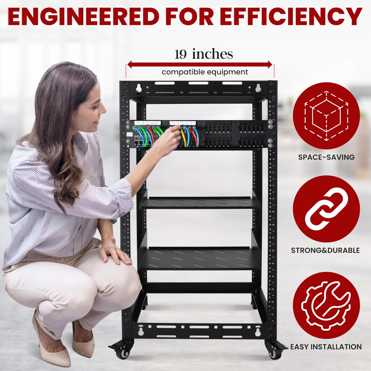 Pyle 20U Open Frame Server Rack - Wall Mount Network Rack for Servers, Networking & AV Gear - Heavy-Duty 19" Equipment, Includes 1U & 2U Vented Shelves for Airflow, Lockable Wheels - 440 lbs Capacity