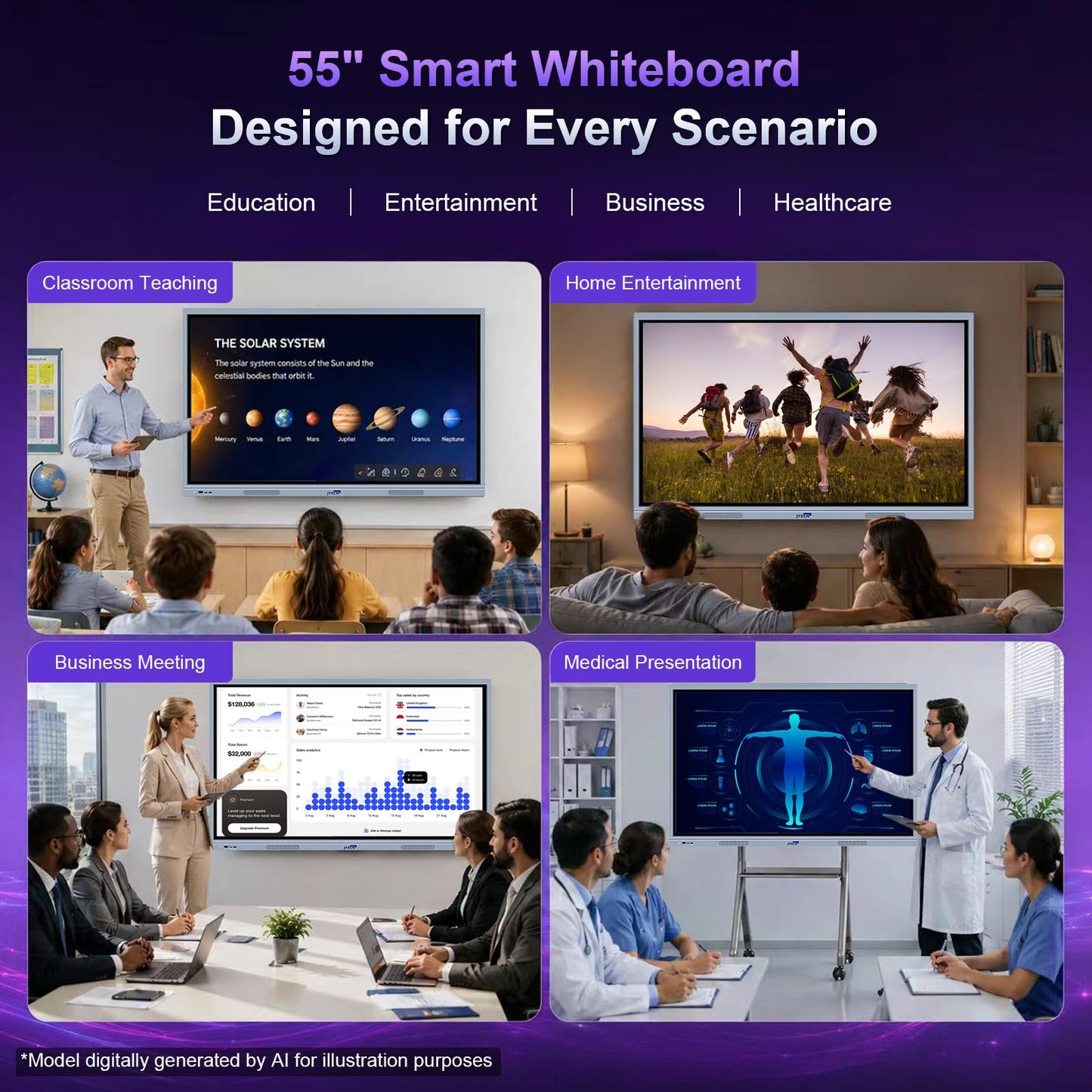 JYXCN 55" 4K Dual-OS Smart Board – Android 11 & Windows 10 Pro | 20-Point Touch for Offices, Classrooms, Church | Wireless Sharing, Wall Mount Included
