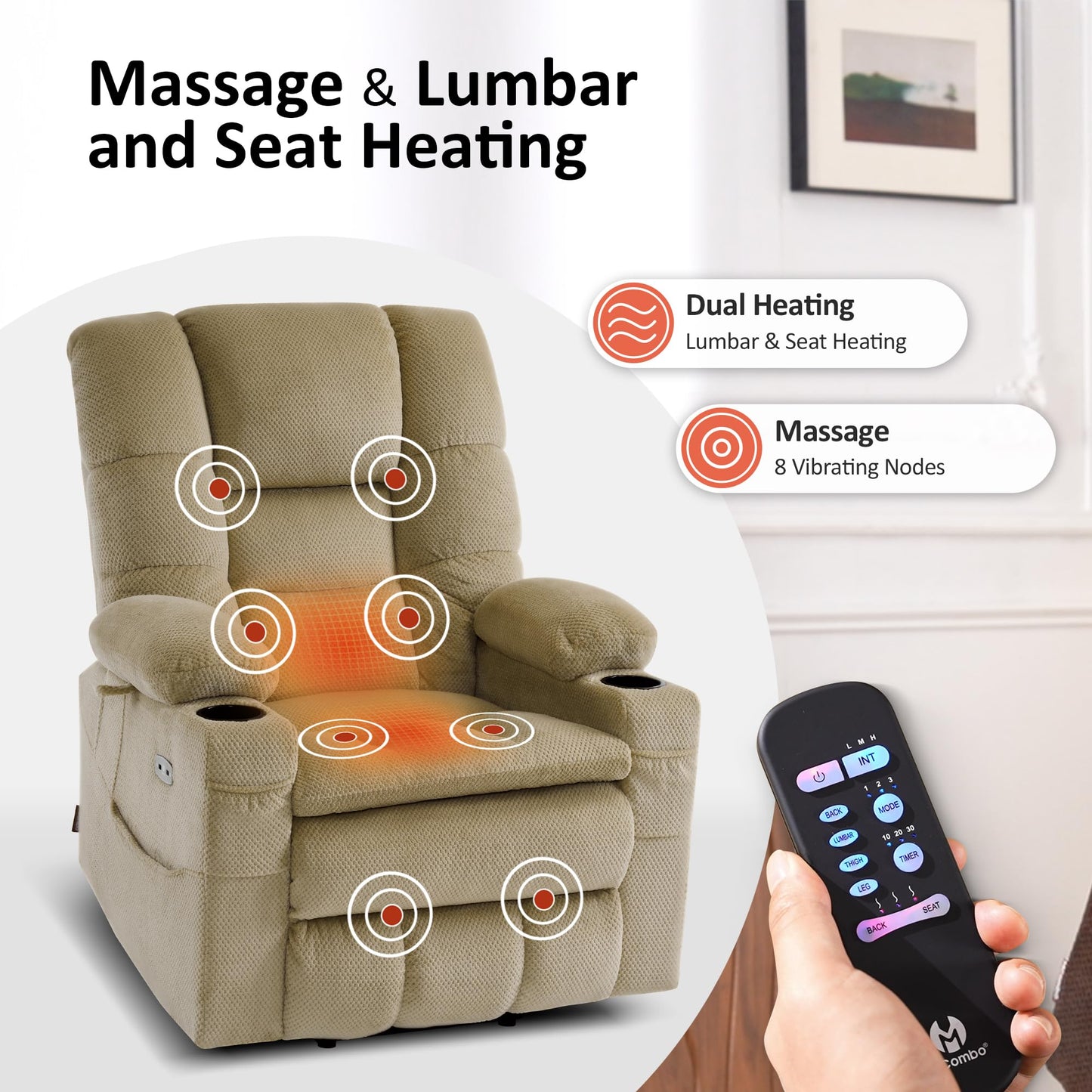 MCombo Triple Motor Lay Flat Power Lift Recliner Chair for Tall Elderly, Infinite Position, Massage, Dual Heating, Adjustable Headrest, Fabric 7634 (Beige, Large)