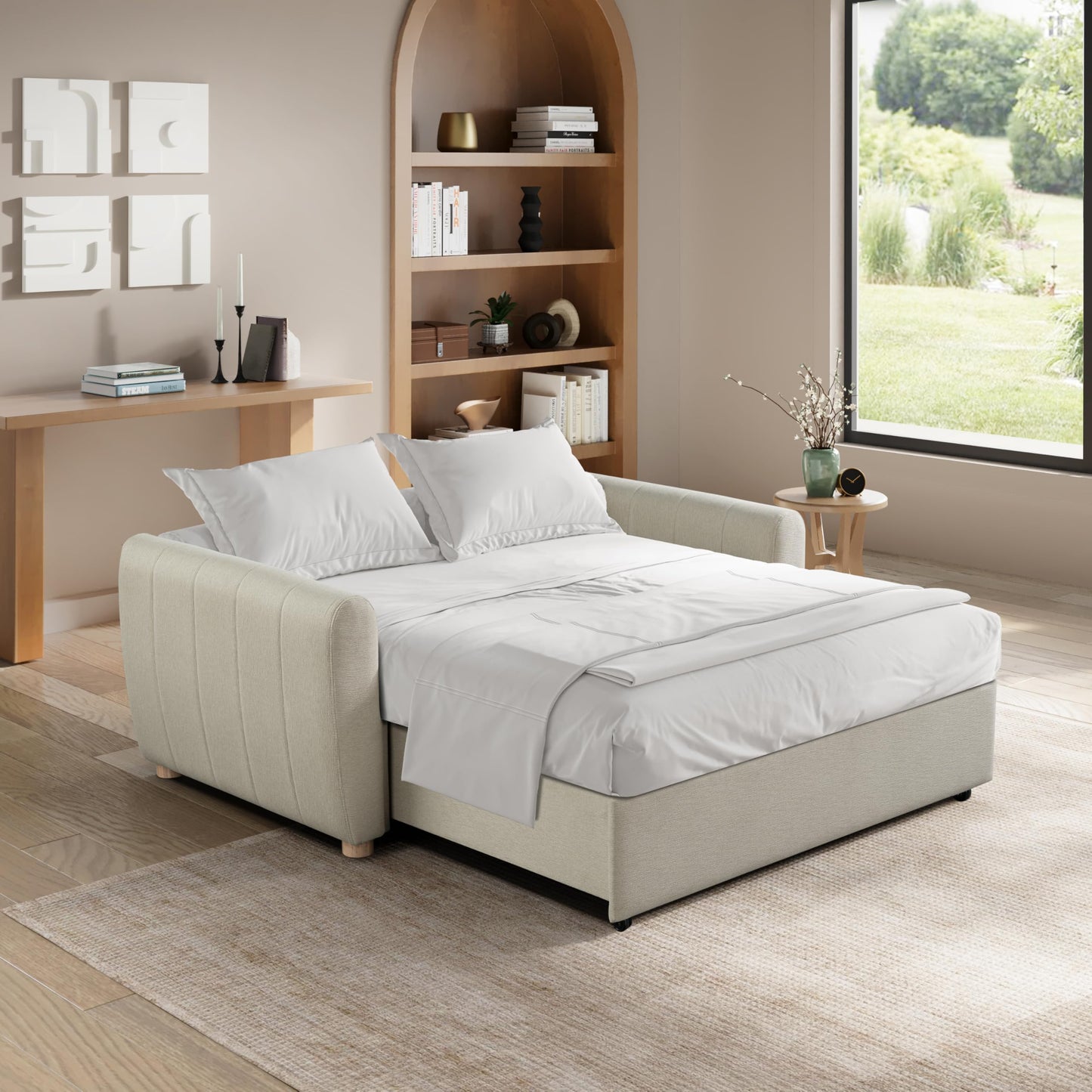 Serta Galway 66.5" Convertible Sleeper Loveseat, Full Size, Dreamcoil Comfort, FingerGuard Pinch Point Protection, Soft Woven Fabric, Beige