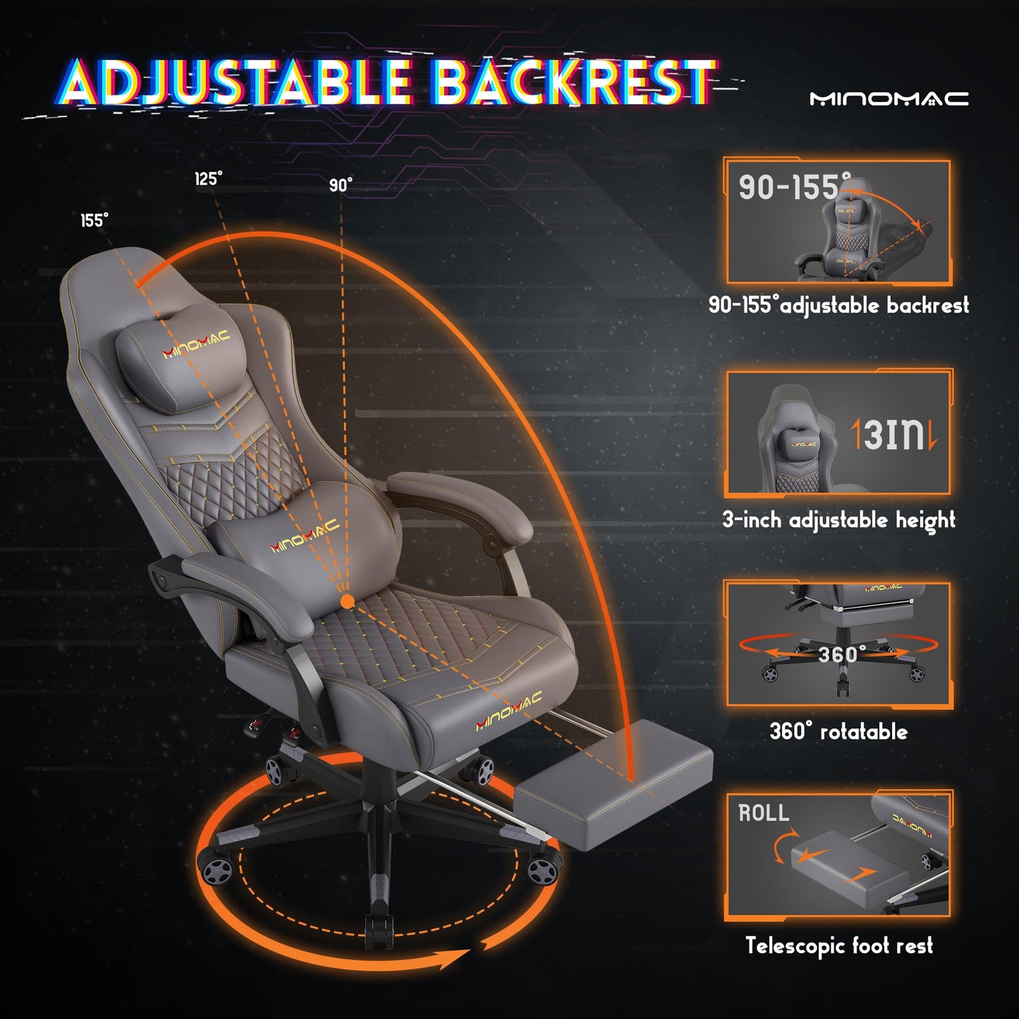 MINOMAC Gaming Chair,Ergonomic Computer Gaming Chair,400lb Load-Bearing,Retractable Footrest/Waist Support/Ergonomic Backrest[Spring + 4D Sponge] (Grey)