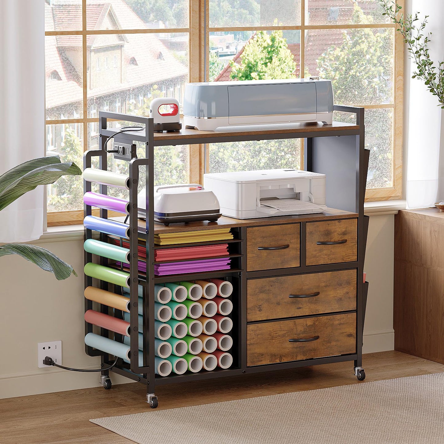 VENNQD Large Craft Organizer and Storage Rolling Cart Compatible with Cricut Machine with Fabric Drawers Vinyl Roll Holder Accessories for Home Craft Workstation Room (Rustic Brown)