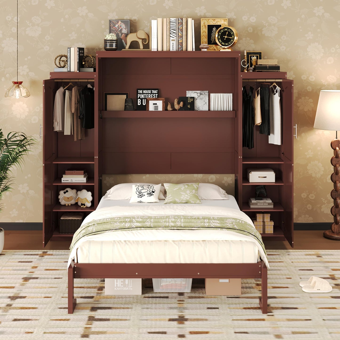 Merax Queen Size Wood Murphy Bed, with 2 Wardrobe and Storage Shelf, Multifunctional Foldable Wall Platform Bedframe for Guest-Room, Bedroom, Walnut