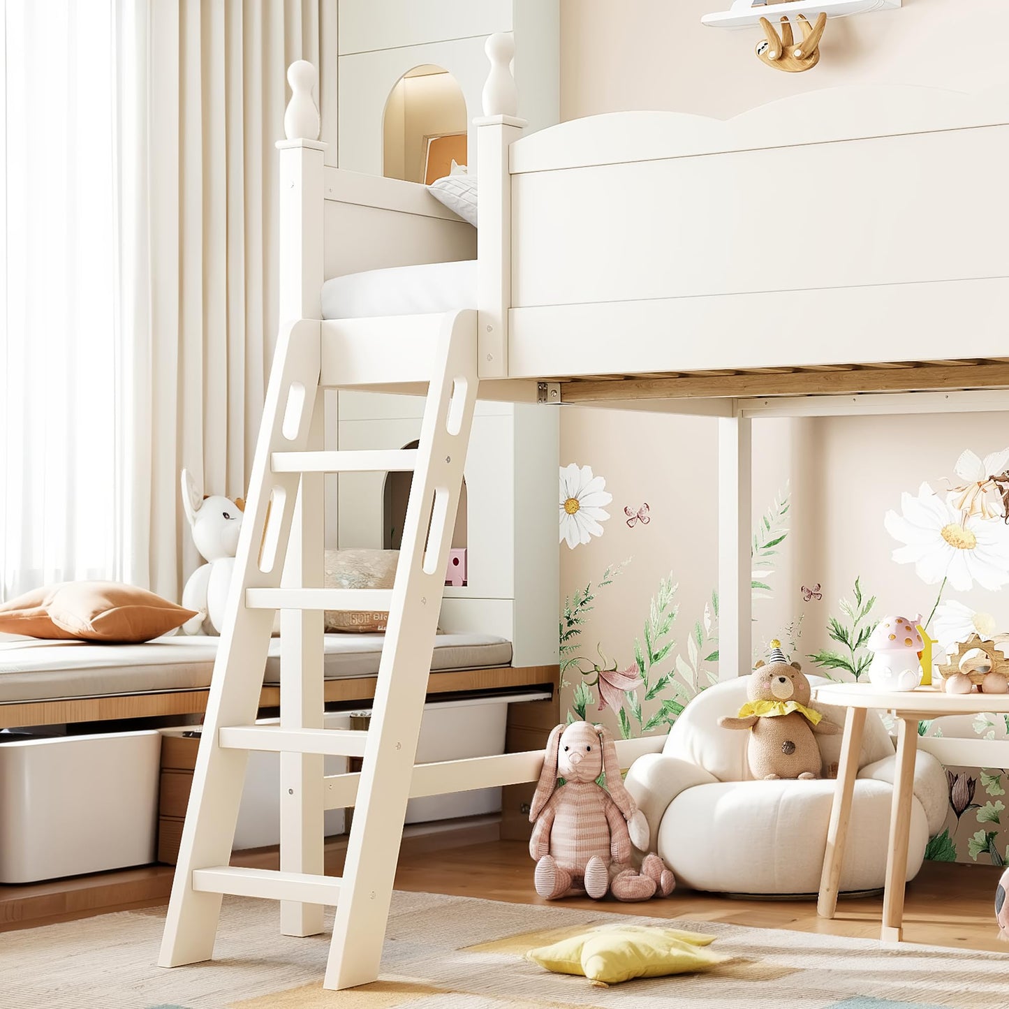 KEIKI Full Size Wood Loft Bed Frame with Built-in Ladder & Ample Under-Bed Space, Modern Loft Bed with Full-Length Guardrails & Solid Slats, No Box Spring Required, Easy Assembly, for Bedroom, Beige
