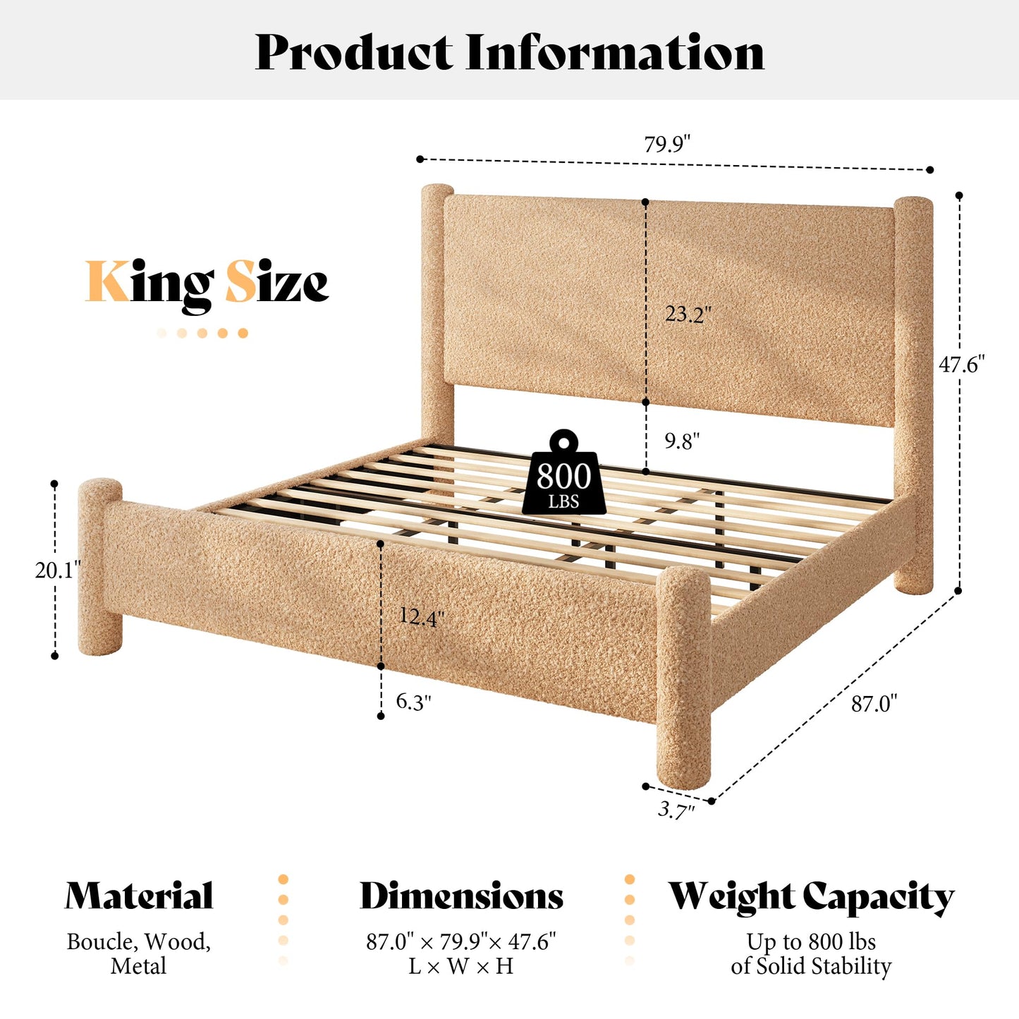 AMERLIFE King Boucle Cloud Upholstered Bed Frame with Cylinder Headboard, Modern Platform Structure, Sherpa Boucle Soft Design, No Box Spring Needed, Khaki