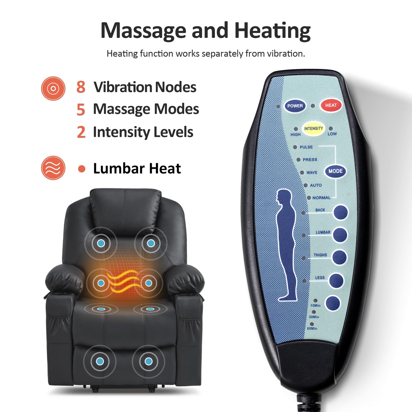 MCombo Power Lift Recliner Chair for Elderly, Lift Chair with Heat and Massage, FSC Certified, USB Ports, Cup Holders, Faux Leather 7040 (Black, Medium)