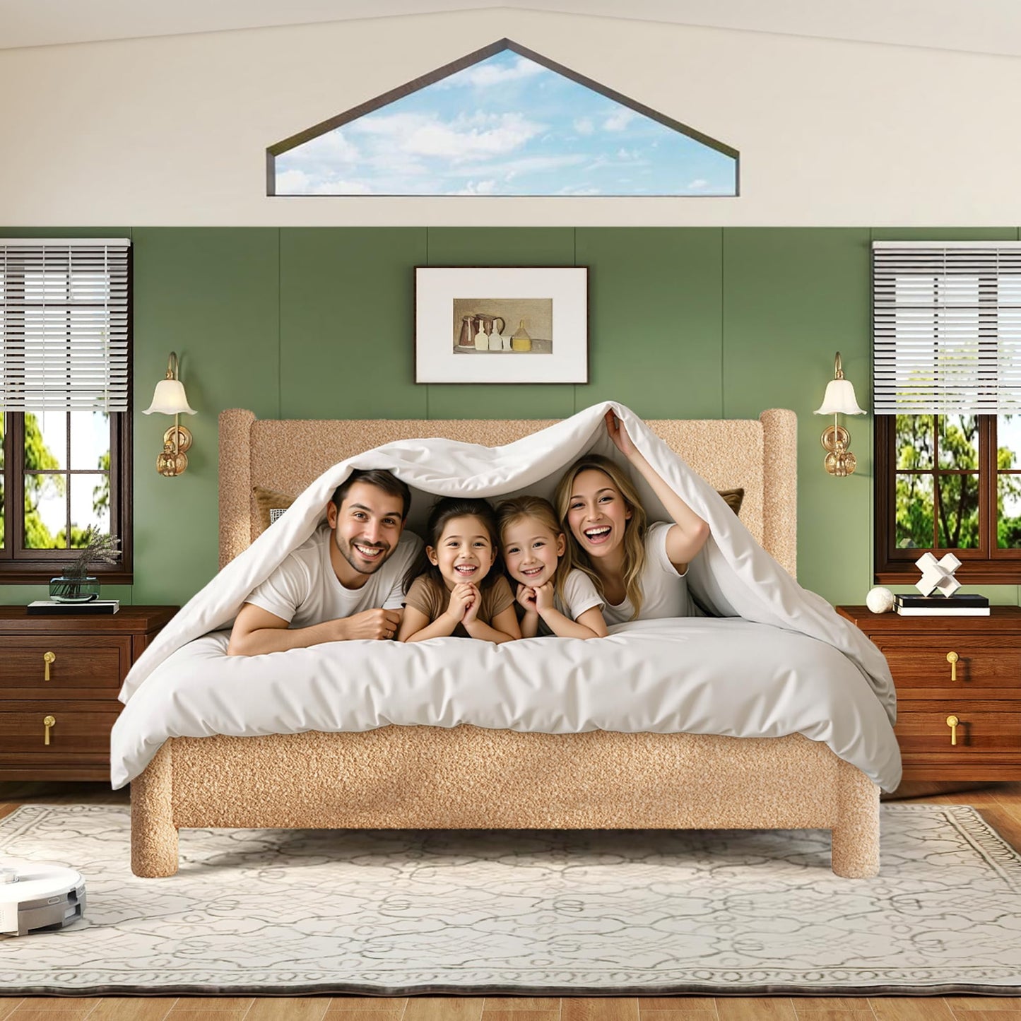 AMERLIFE King Boucle Cloud Upholstered Bed Frame with Cylinder Headboard, Modern Platform Structure, Sherpa Boucle Soft Design, No Box Spring Needed, Khaki