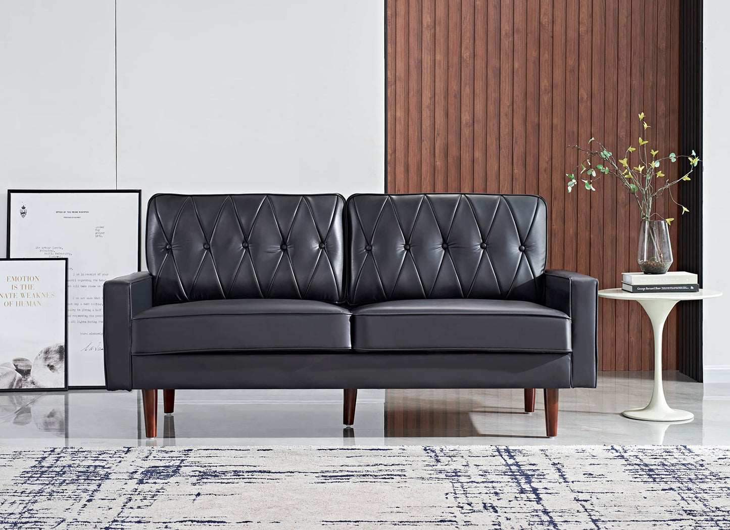 Container Furniture Modern Style Faux Leather Sofa with Elegant Round Tapered Legs and Button Tufted Backrest Perfect for Living Room, Bedroom or Home Office, 69.3’’ Wide, Black