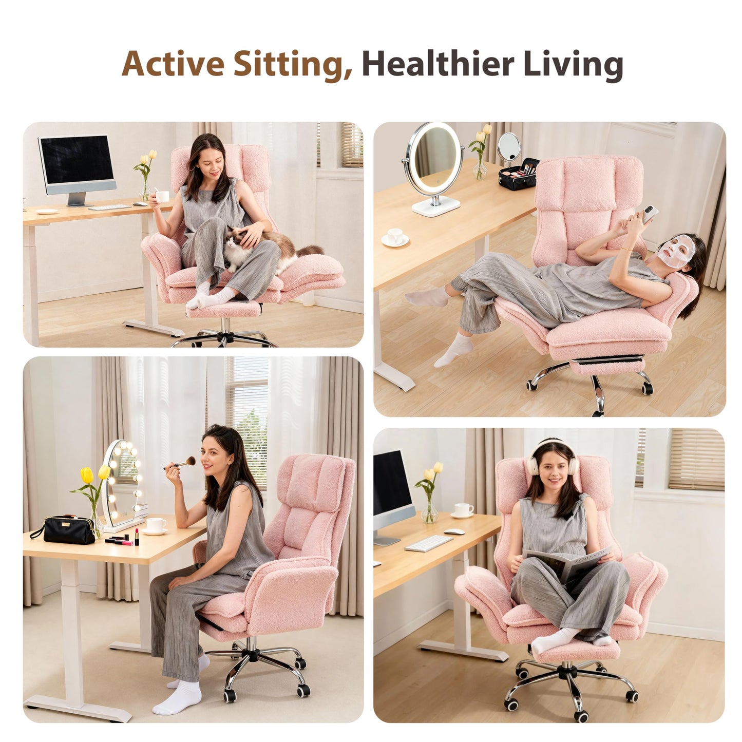 Big and Tall Office Chair, Flip Armrests for Pets & Cross Legged Sitting, Executive Ergonomic Computer Gaming Chair with Foot Rest, Teddy Fleece Wide Seat Reclining Desk Chair, Pink