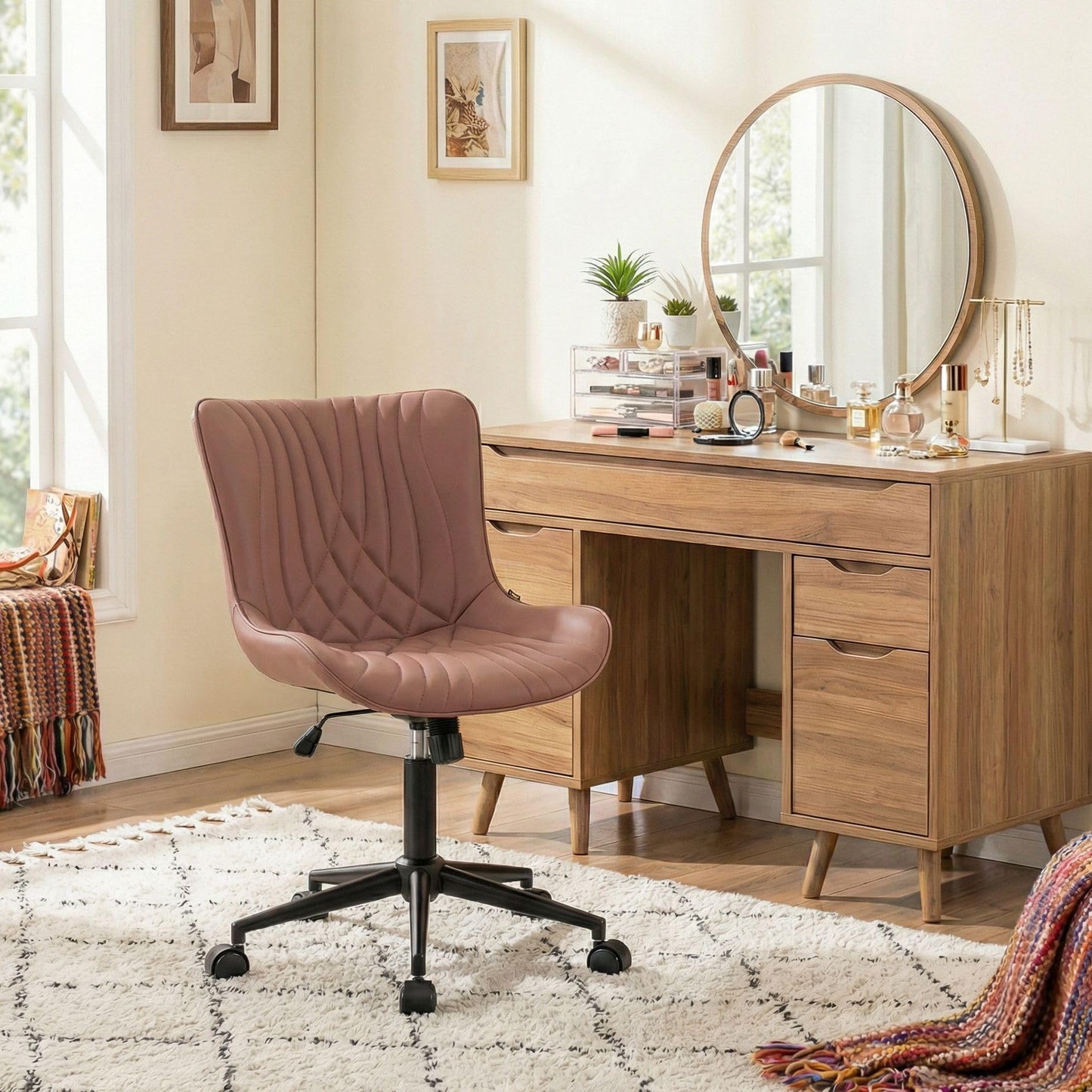 YOUNIKE Office Chair, Armless Desk Chair with Wheels, Adjustable Swivel Home Office Computer Task Chairs, Modern Faux Leather Upholstered Vanity Chair with Back, Dusty Rose