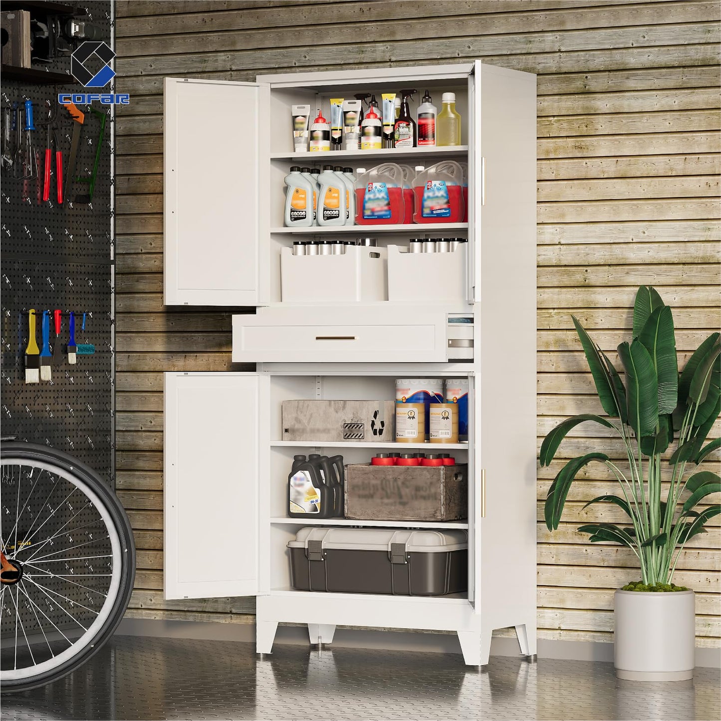 COFaR 71 in Tall Kitchen Pantry Cabinet with Drawer, Metal Pantry Storage Cabinet with 4 Adjustable Shelves and 4 Barn Doors, White Freestanding Farmhouse Food Cupboard for Dining Room