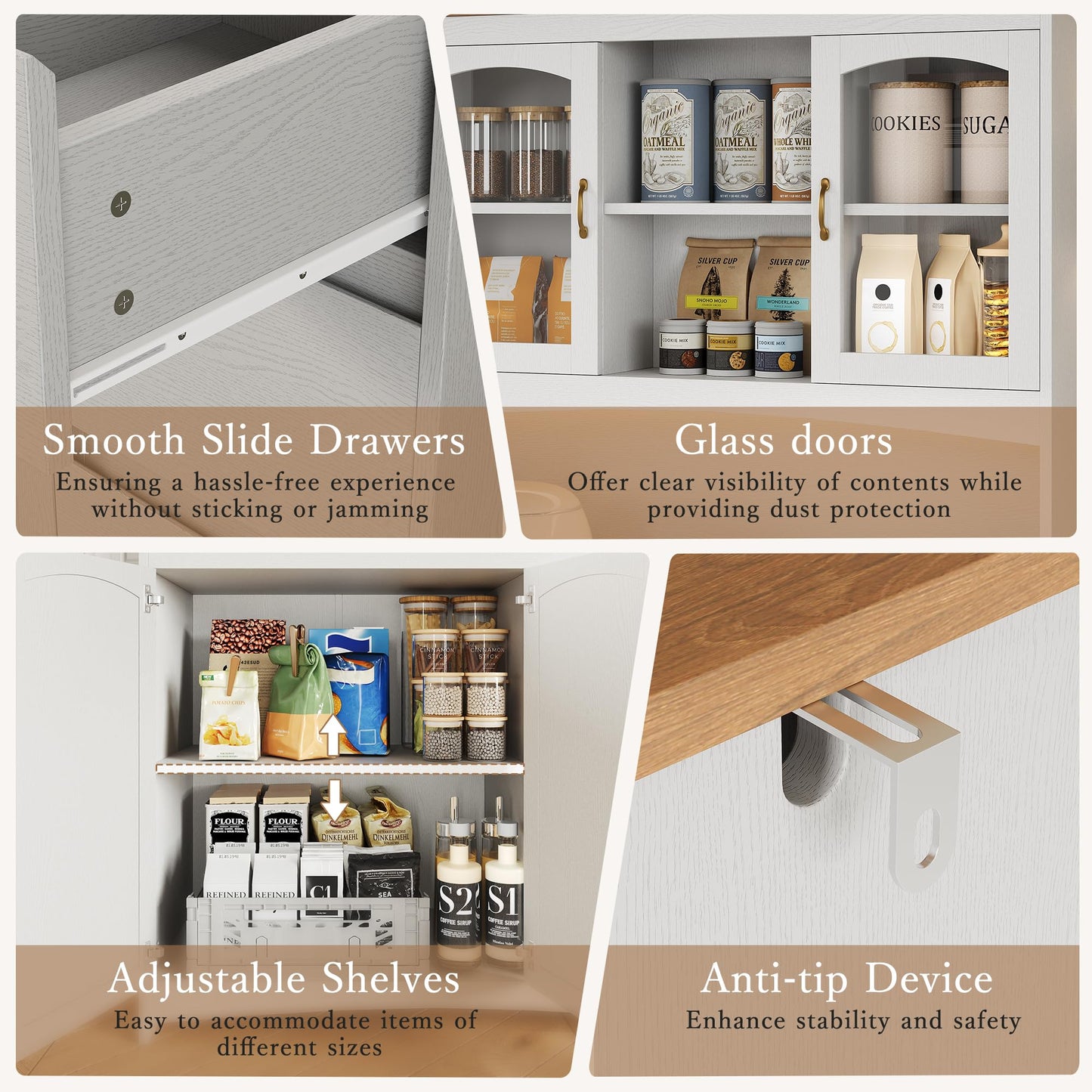 Garvee 71" Kitchen Pantry Cabinet with LED Lights & Charging Station, Farmhouse Kitchen Hutch Storage Cabinet with Countertop, 3 Drawers, 4 Doors, Adjustable Shelves for Dining Room, White