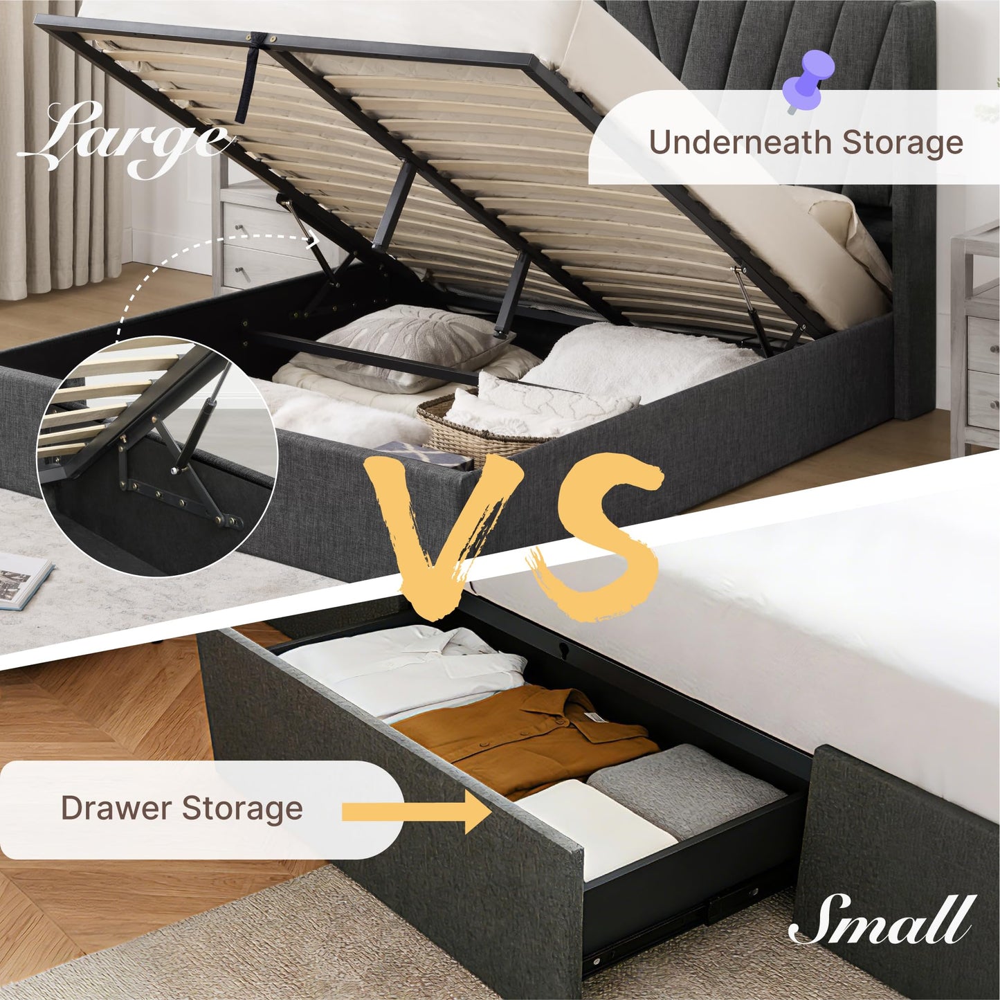 KISLOT Queen Size Lift Up Storage Bed Frame, Modern Hydraulic Support Platform Bed Wingback Velvet Headboard Sturdy Wooden Slat Support No Box Spring Needed