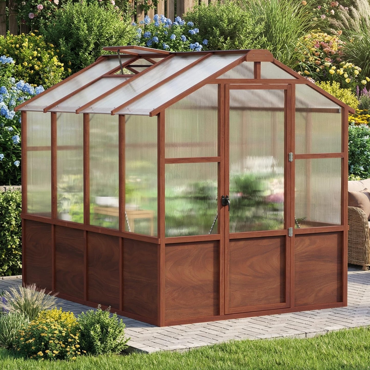 Jocoevol 6x8ft Outdoor Greenhouse, Wooden Frame Polycarbonate Greenhouse with Adjustable Roof Vents and Lockable Door Handle, Walk-in Greenhouse Perfect for Backyard and Garden