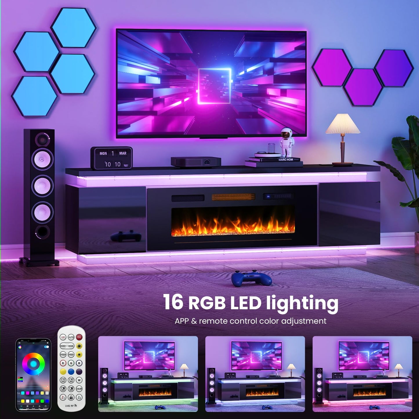 Lamtor Fireplace TV-Stand with 40" Fireplace - 2 LED Light TV-Stand for 85 inch TVs - Entertainment Center with 4 AC Power Outlets - 2 Tier TV Consoles Stand for Living Room, Black