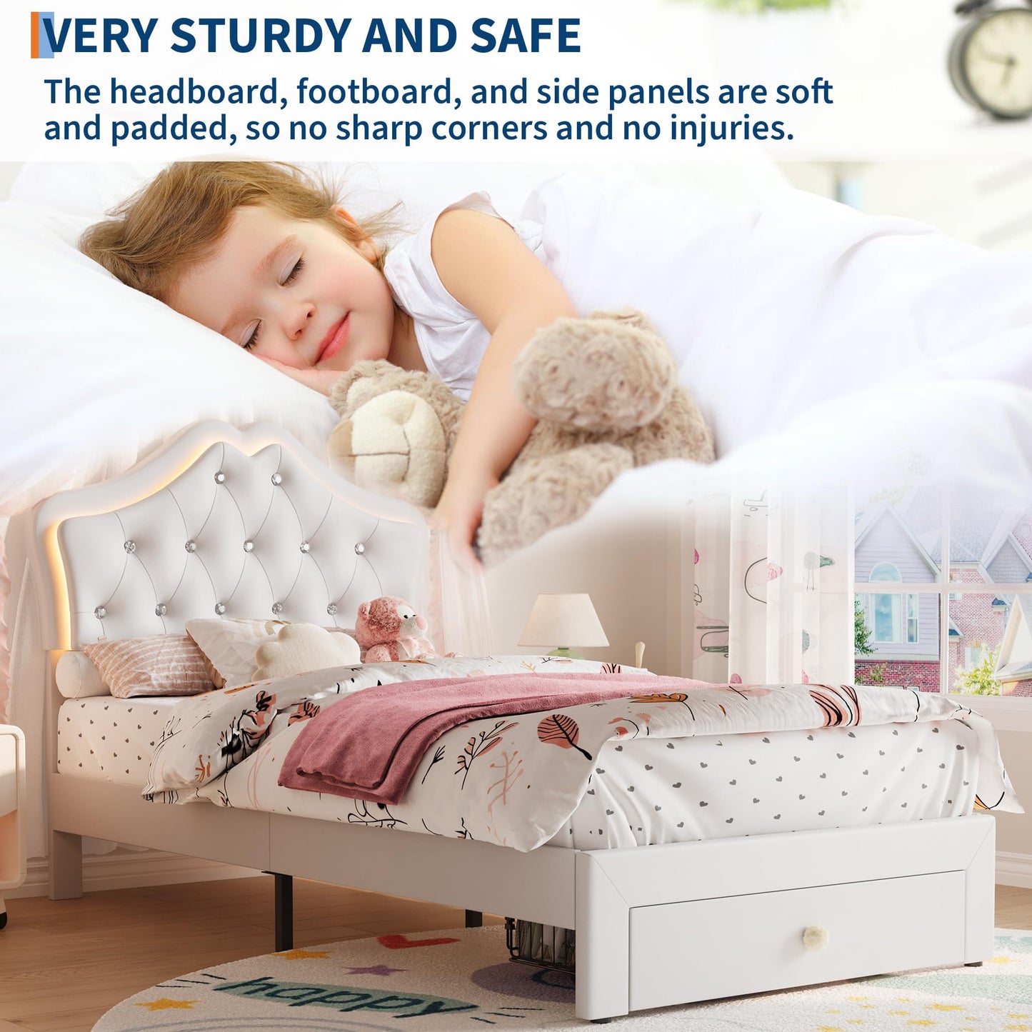 BouPower Twin Size Bed Frame for Girls with Storage Drawers & LED Lights, Upholstered Platform Bed, Velvet Crystal Button Princess Bed, Noise-Free Slats, No Box Spring Needed for Kids, Teens, White