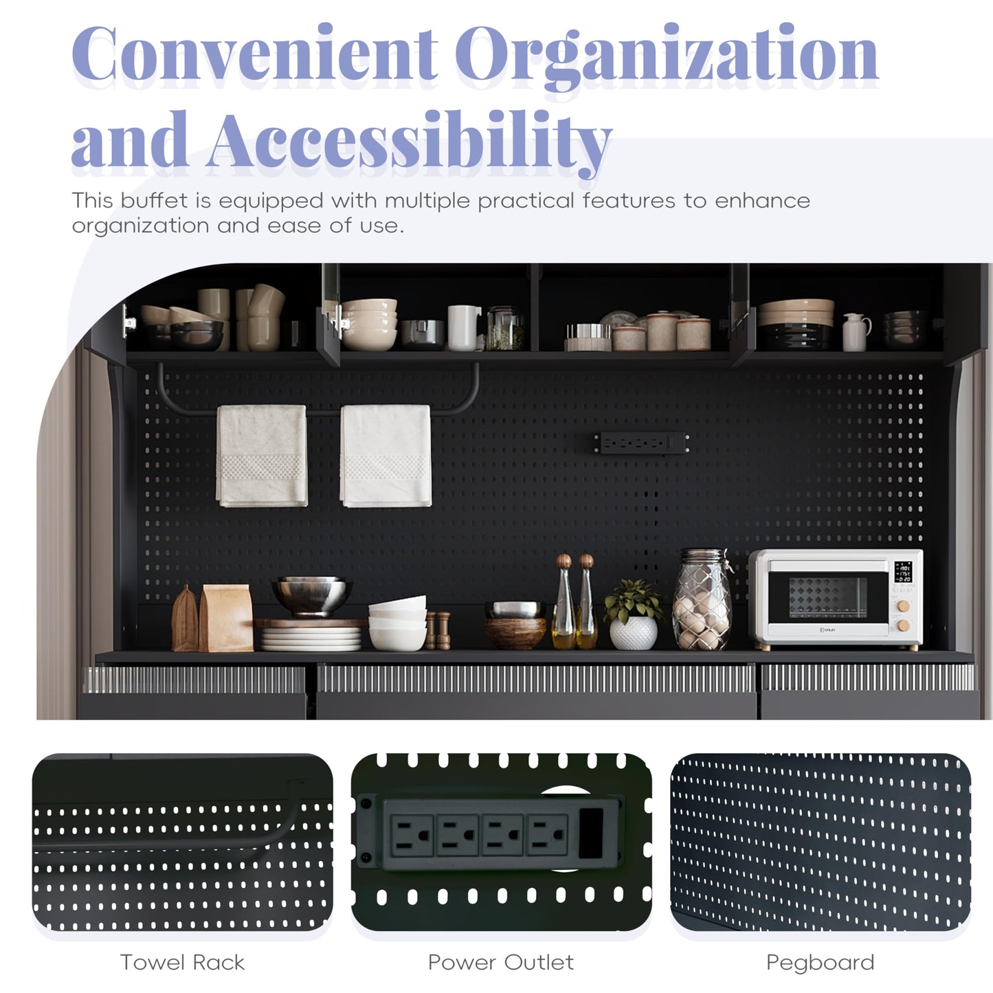 Merax Freestanding 63" W Buffet with Hutch, Large Coffee Bar Storage Cabinet with 6 Drawers, 5 Cabinets with Adjustable Shelves, Pegboard, Towel Rack, Black