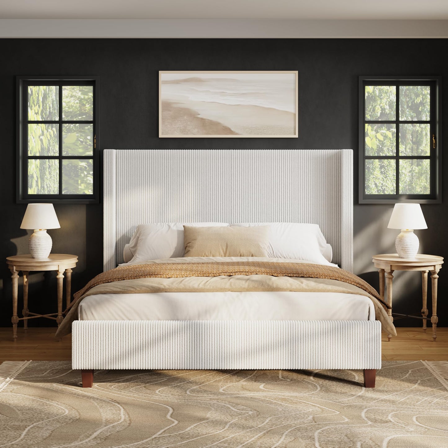 HOWE Queen Size Bed Frame with 50.8 Inch Corduroy Wingback Headboard, Cream