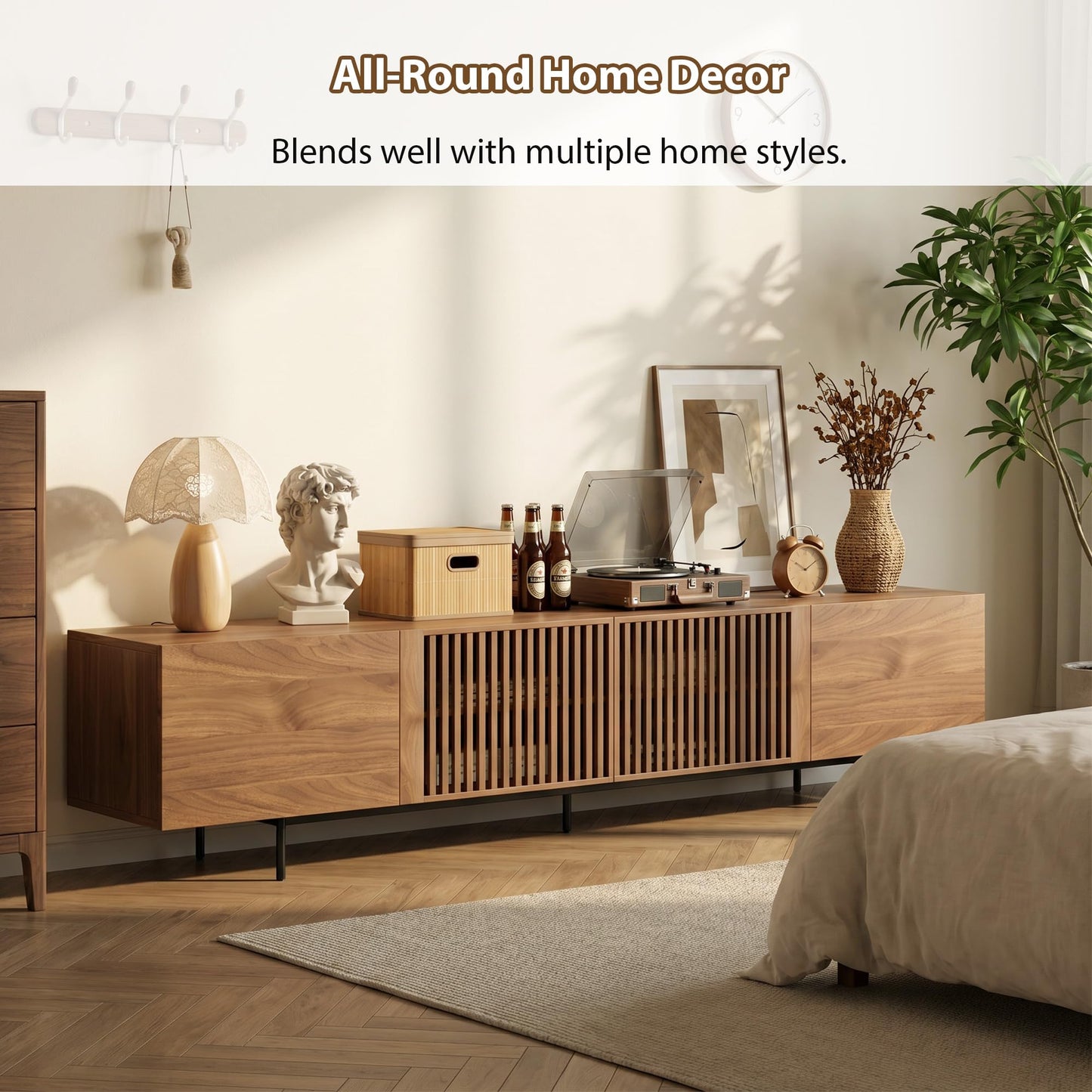 gaoyangjiaju 70.87" Mid Century Modern TV Stand, Walnut Media Console for 70 Inch TVs, Entertainment Cabinet with 4 Storage Compartments for Living Room or Bedroom