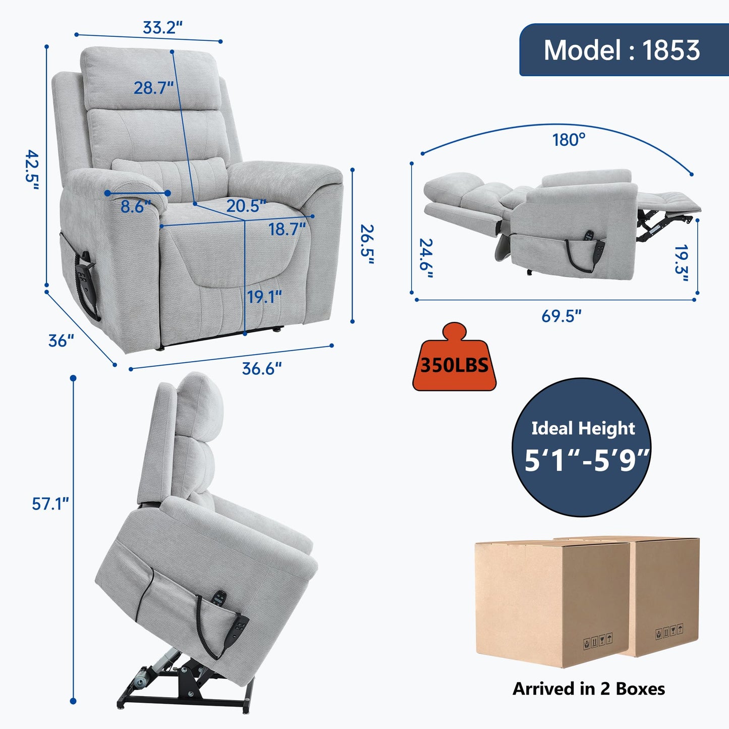 KEIKI Oversized Dual Motor Power Lift Recliner Chair for Elderly, Chenille Upholstery Breathable Rocking Chair with Back Massager and Heated, Senior Daily Relaxation and Home Comfort Seat, Grey
