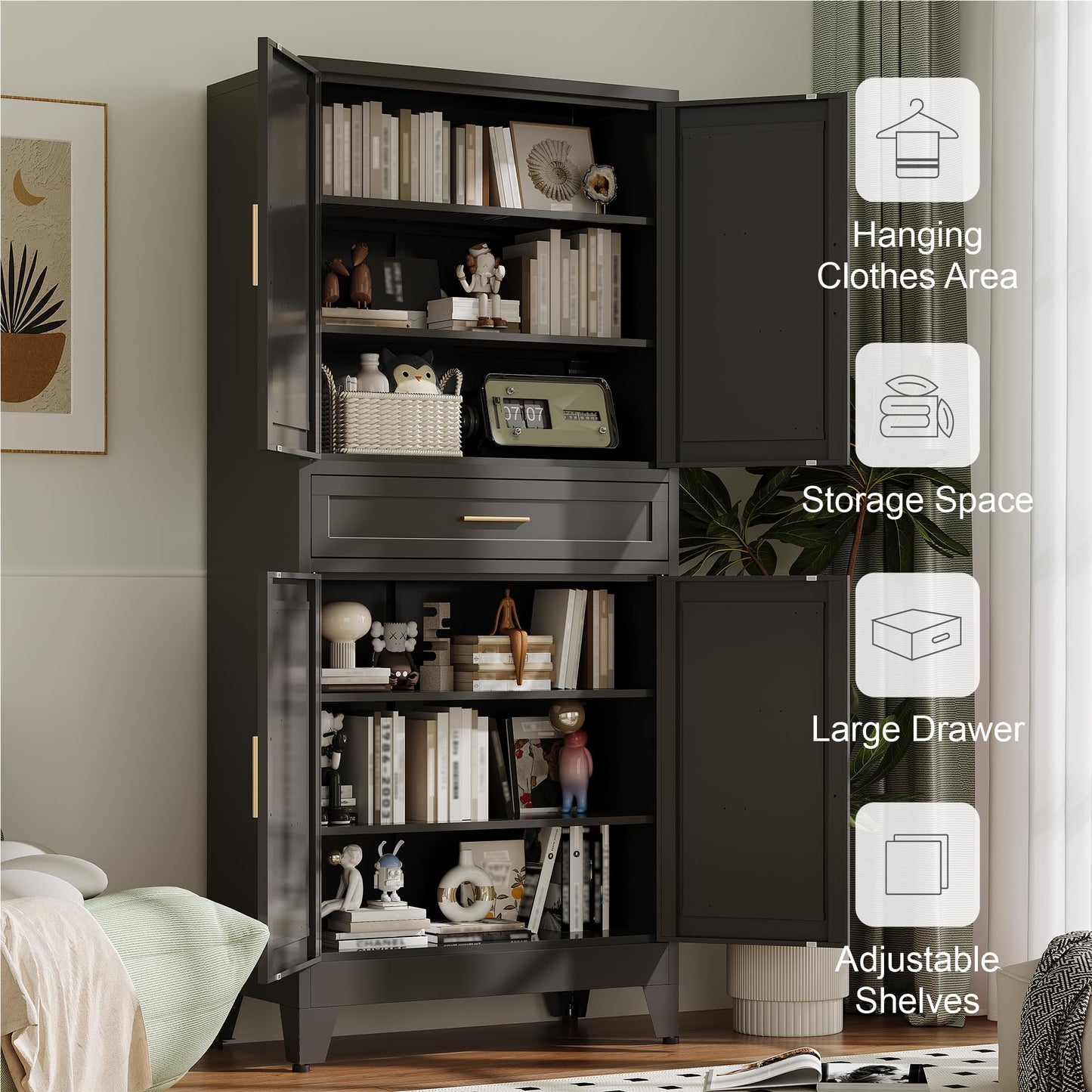 Baborokic 71" Tall Metal Storage Cabinet with Drawer and Adjustable Shelves,Farmhouse Kitchen Pantry Storage Cabinet with Doors,Large Wide Cabinets for Craft Room,Office,Dining Room,Kitchen(Black)