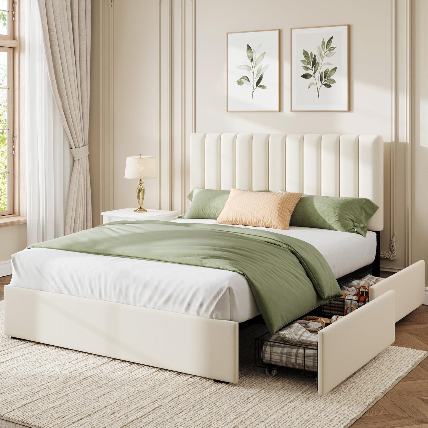 Welzona Queen Velvet Bed Frame with 4 Storage Drawers, Fully Upholstered Metal Platform Bed Frame with Vertical Channel Tufted Headboard, 3-Level Height, Easy Assembly, No Box Spring Needed, White