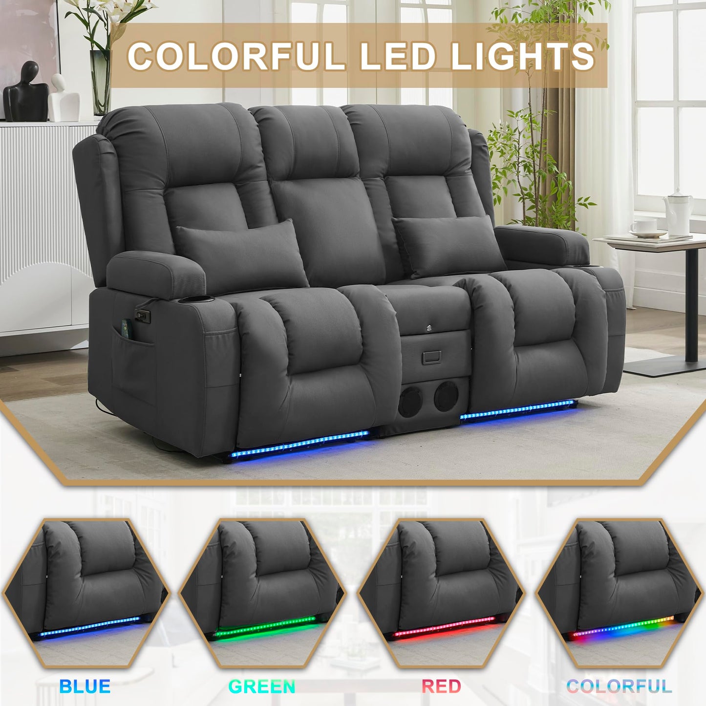 URRED Power Loveseat Recliner Sofa with Massage and Heat, Wall Hugger Reclining Loveseat with Console, RV Couch Home Theater Seating with LED Lights for Living Room (Gray, 67" - 2 Seats)