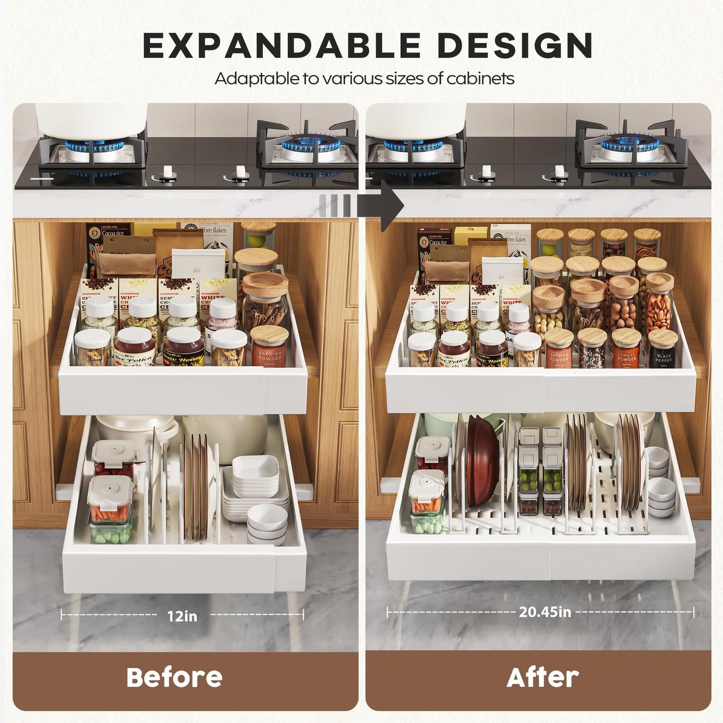 Seinloes 6 Pack Pull Out Cabinet Organizers 21" Deep With Raising Pad for Framed Cabinets, Expandable Slide Out Drawers with 4pcs Divider Racks, Roll Out Shelves, Adjustable Width 12"-20.45" White