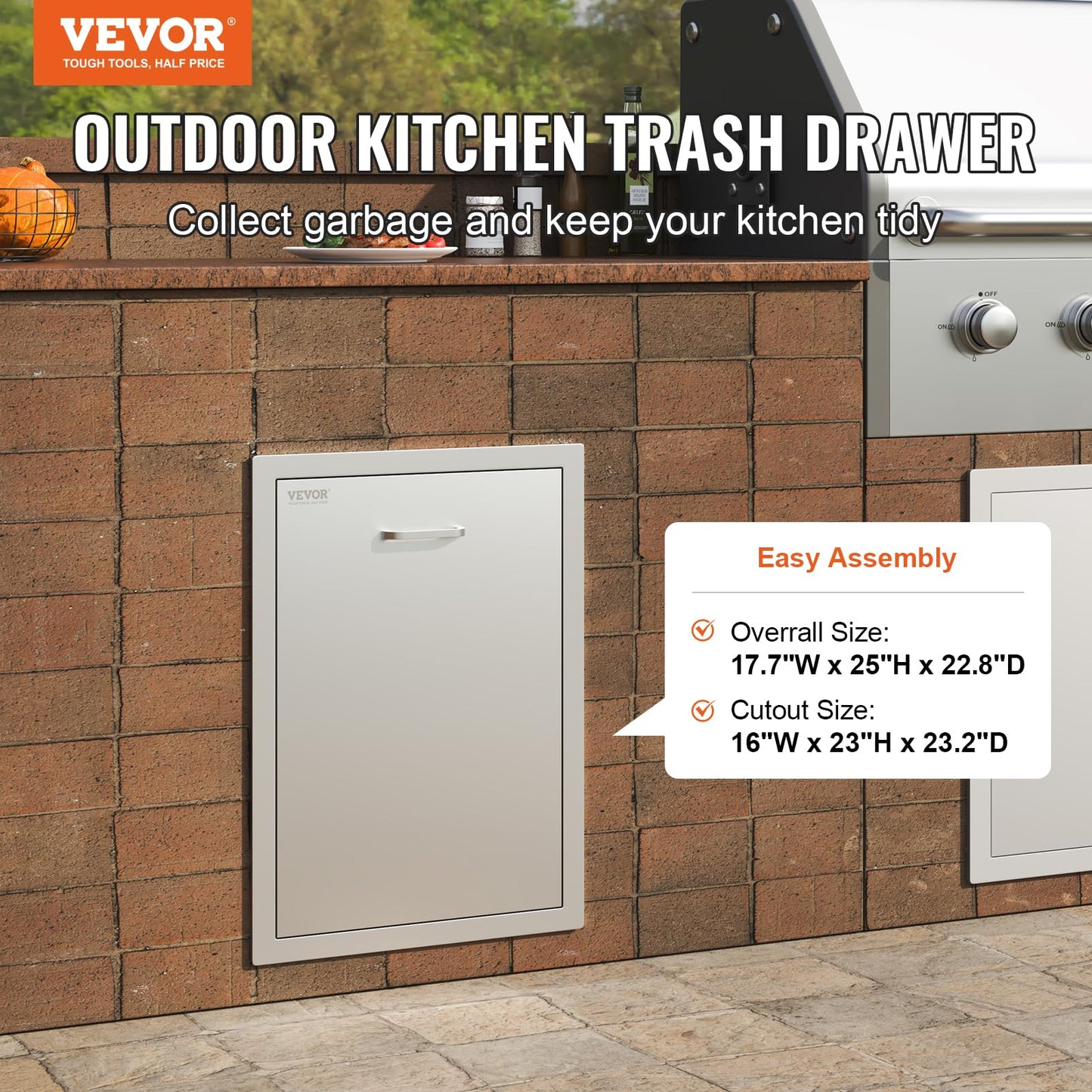 Vevor Pull Out Trash Drawer 17.7x22.8 Inch Raised Style Trash Bin with Pull-Out Tray Stainless Steel Trash Drawer with Handle for Outdoor Kitchen BBQ Island : Patio, Lawn & Garden