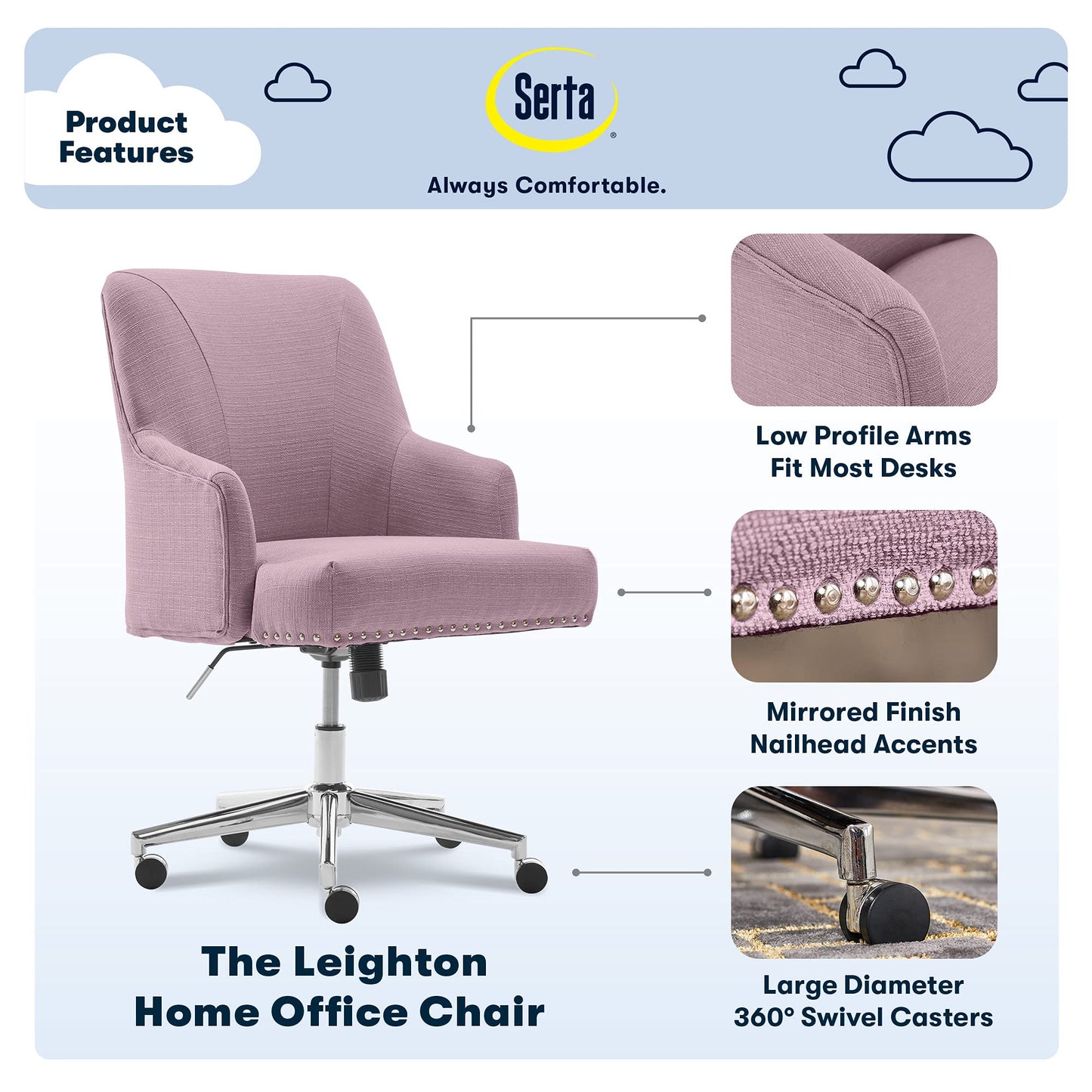Serta Leighton Home Office Desk Chair, Mid-Back with Chrome Nailheads, Memory Foam Cushion and Padded Arms, Modern Makeup Vanity Armchair with Wheels, Swivel Base, Bonded Leather, Lilac Purple