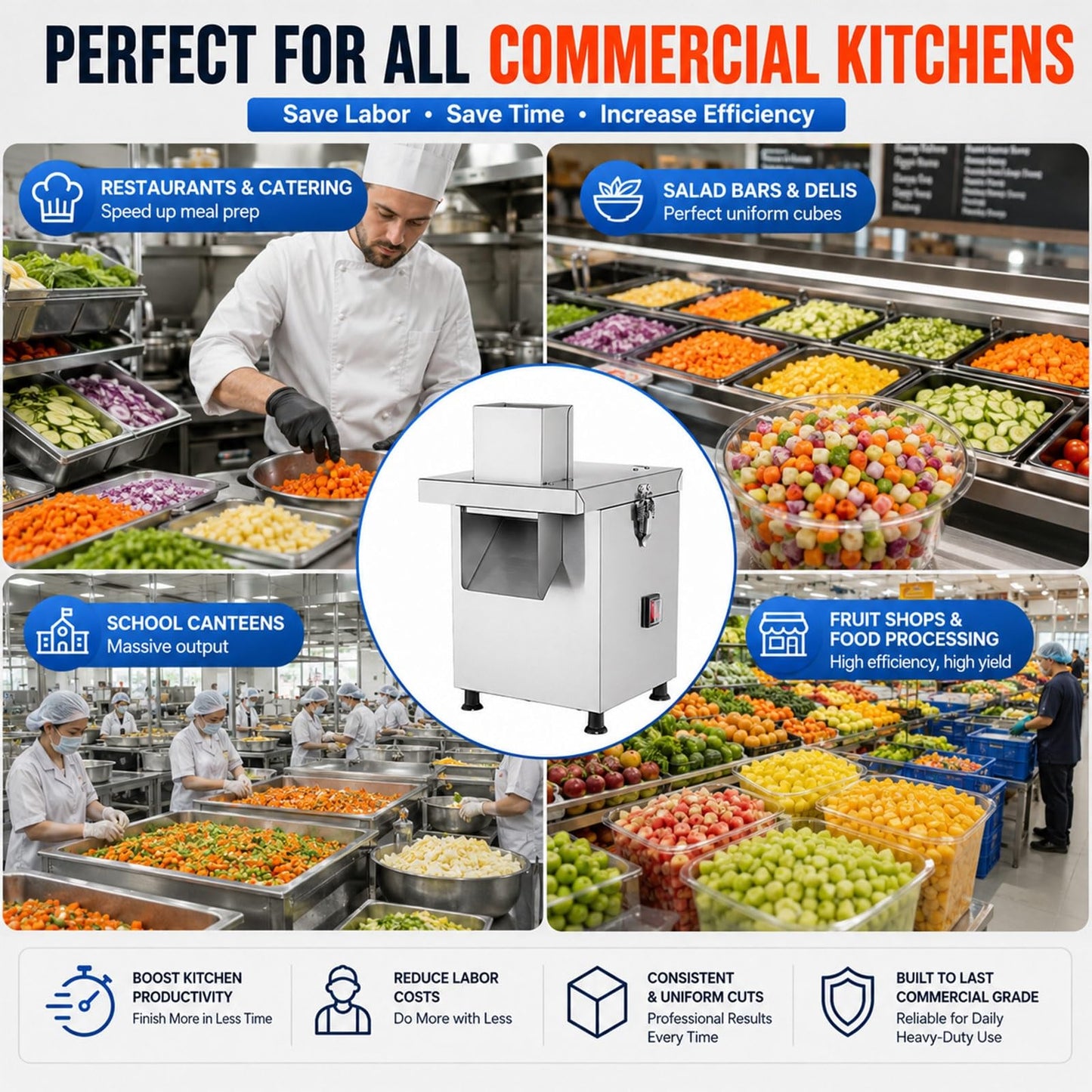 Commercial Vegetable Chopper Electric, Heavy Duty Stainless Steel Food Dicer Machine, Automatic Potato Chipper & Onion Cube Cutter with 5 Grid Blades for Restaurant Catering