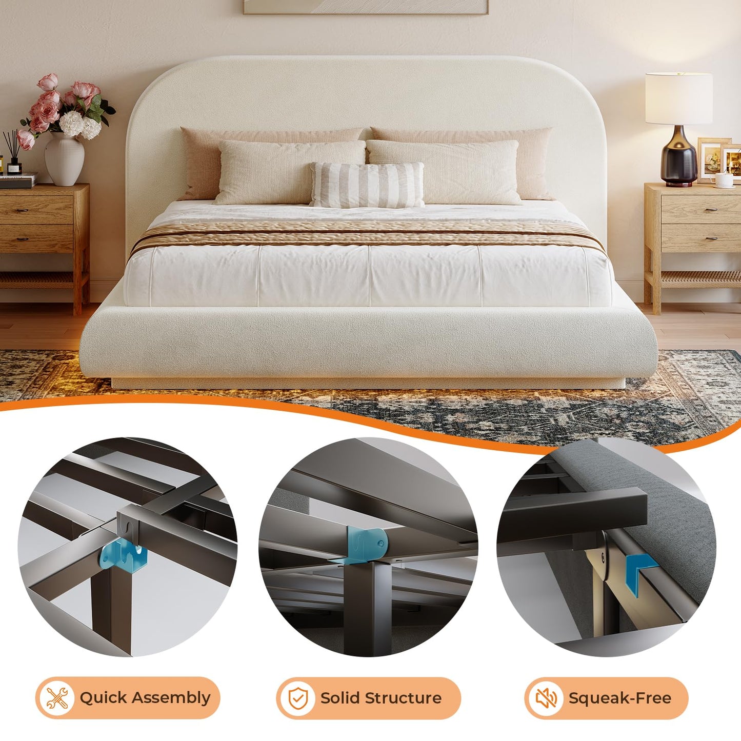 Hizyrina King Size Floating Cloud Bed Frame with 5" Thick Headboard & RGB LED Lights, Upholstered Platform Bed, Soft Rounded Corner, Metal Slat Support, Noise-Free, No Box Spring Needed, Beige