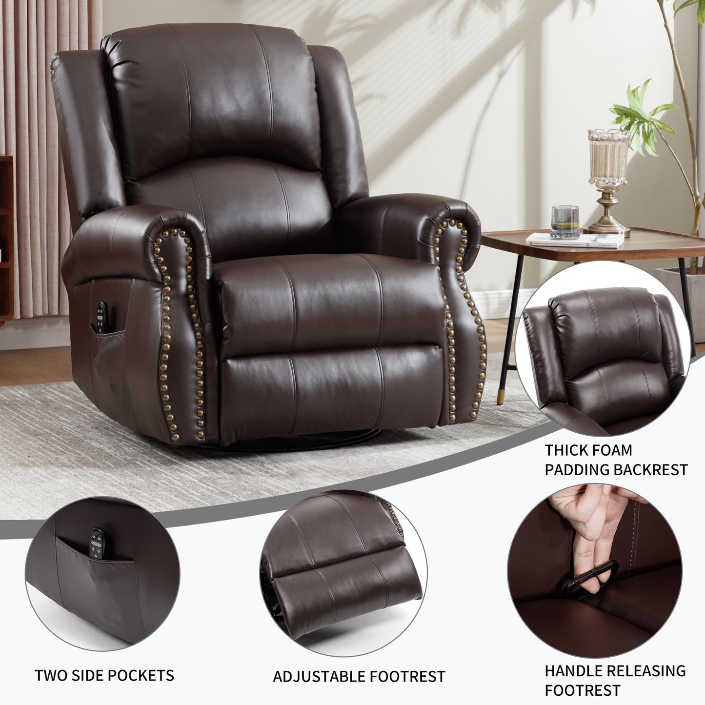 GDFStudio Heat Massage Swivel Rocker Recliner Chair, Manual Fabric Recliner with 360° Swivel, Rocking Function, Lumbar Heat and 8-Point Massage, Overstuffed Living Room Reclining Chair, Brown