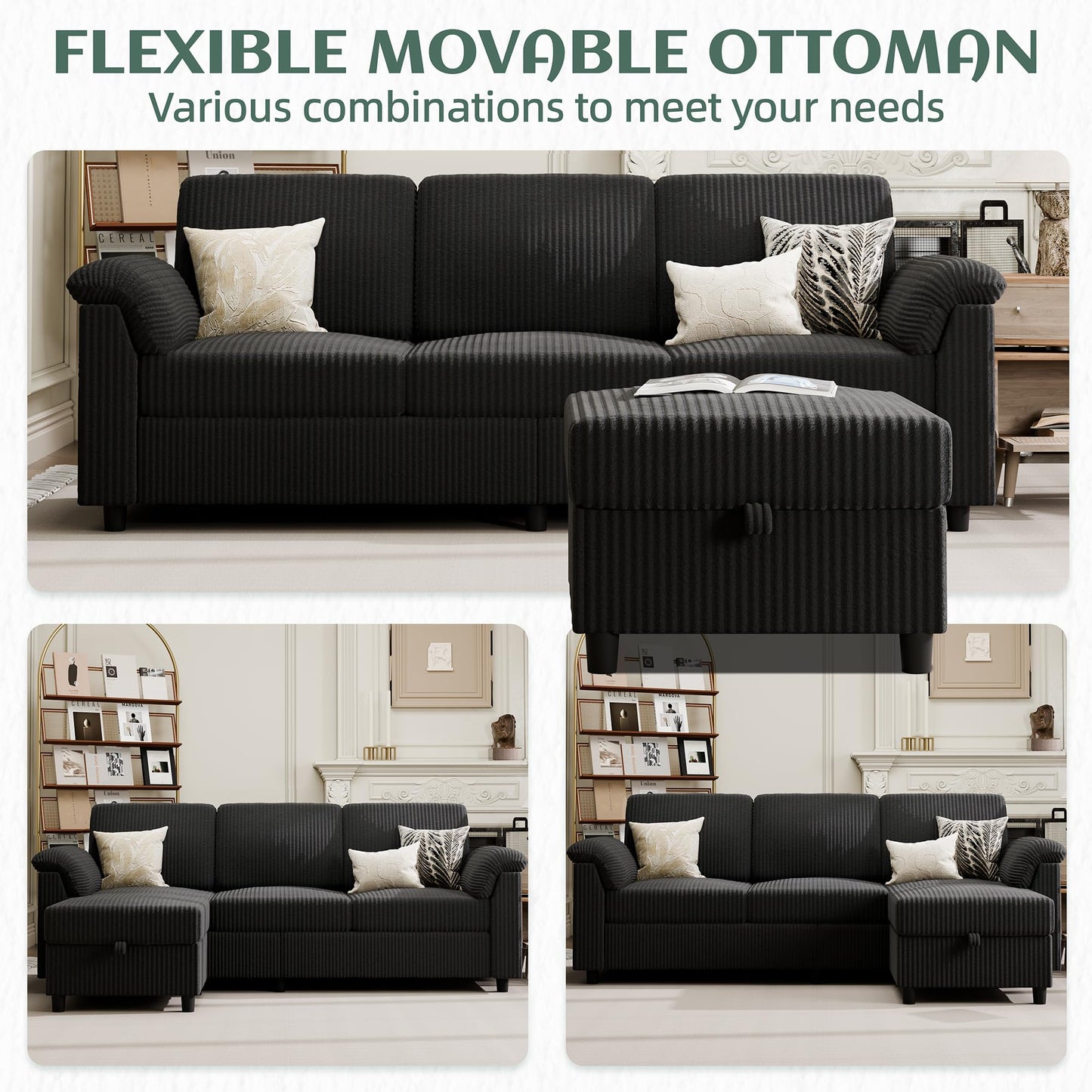 Vongrasig Convertible Sectional Couches, 3 Seat L Shaped Couch Sofa with Removable Pillows Soft Corduroy Fabric Small Couch Mid Century for Living Room, Apartment and Office Black