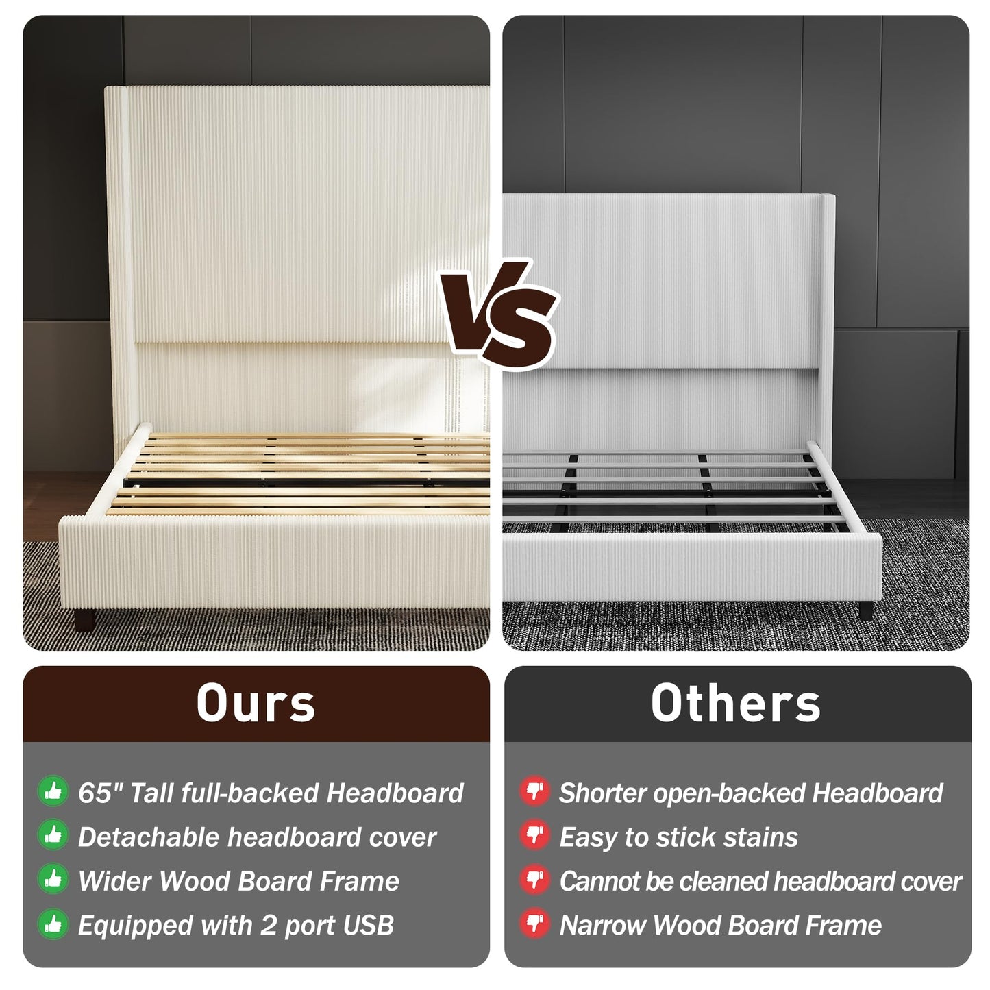 lividido Queen Size 65.2" Tall Upholstered Bed Frame with USB Charging Station,Soft Washable Corduroy Cover with Wingback Headboard, Solid Wood Legs/Noise-Free/No Box Spring Needed/Beige