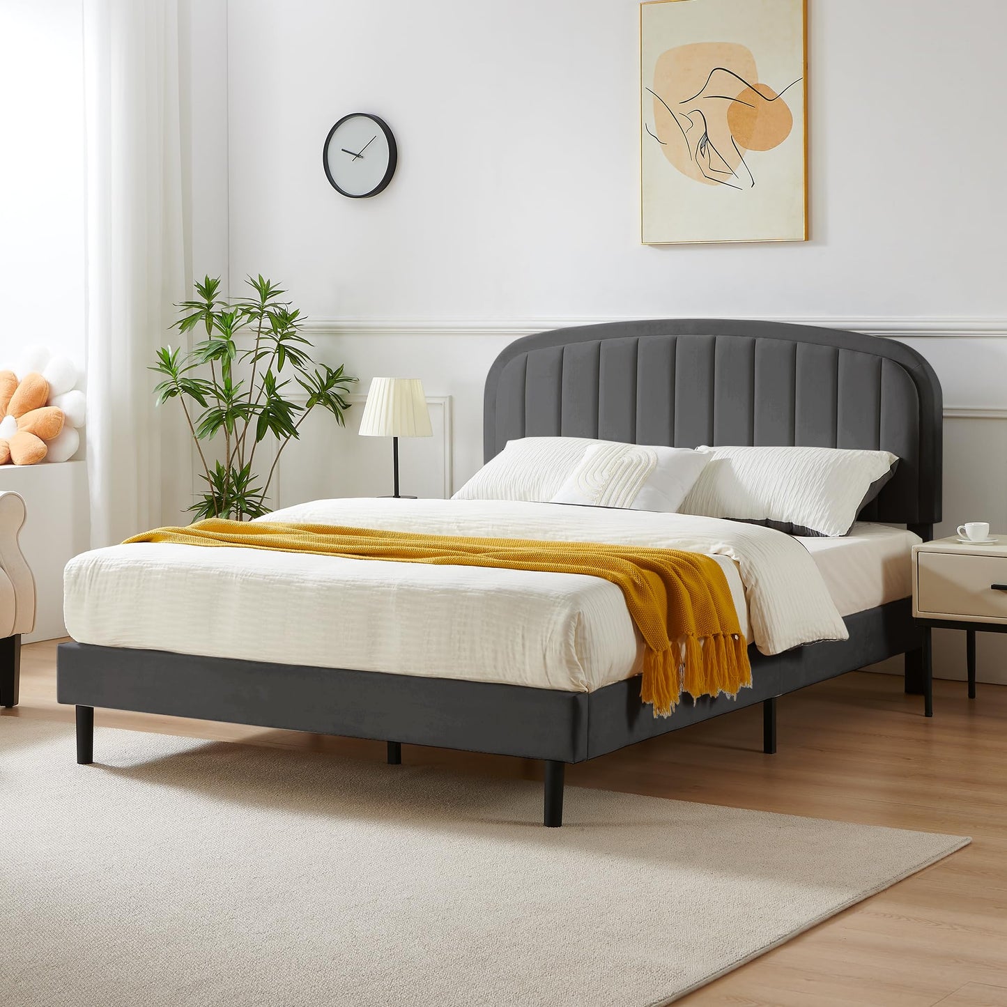Furnify King Size Bed Frame, Velvet Upholstered Platform Bed with Vertical Channel Tufted Headboard, Rounded Corners Design, Metal Bedframe with Wooden Slat, No Box Spring Required, Grey