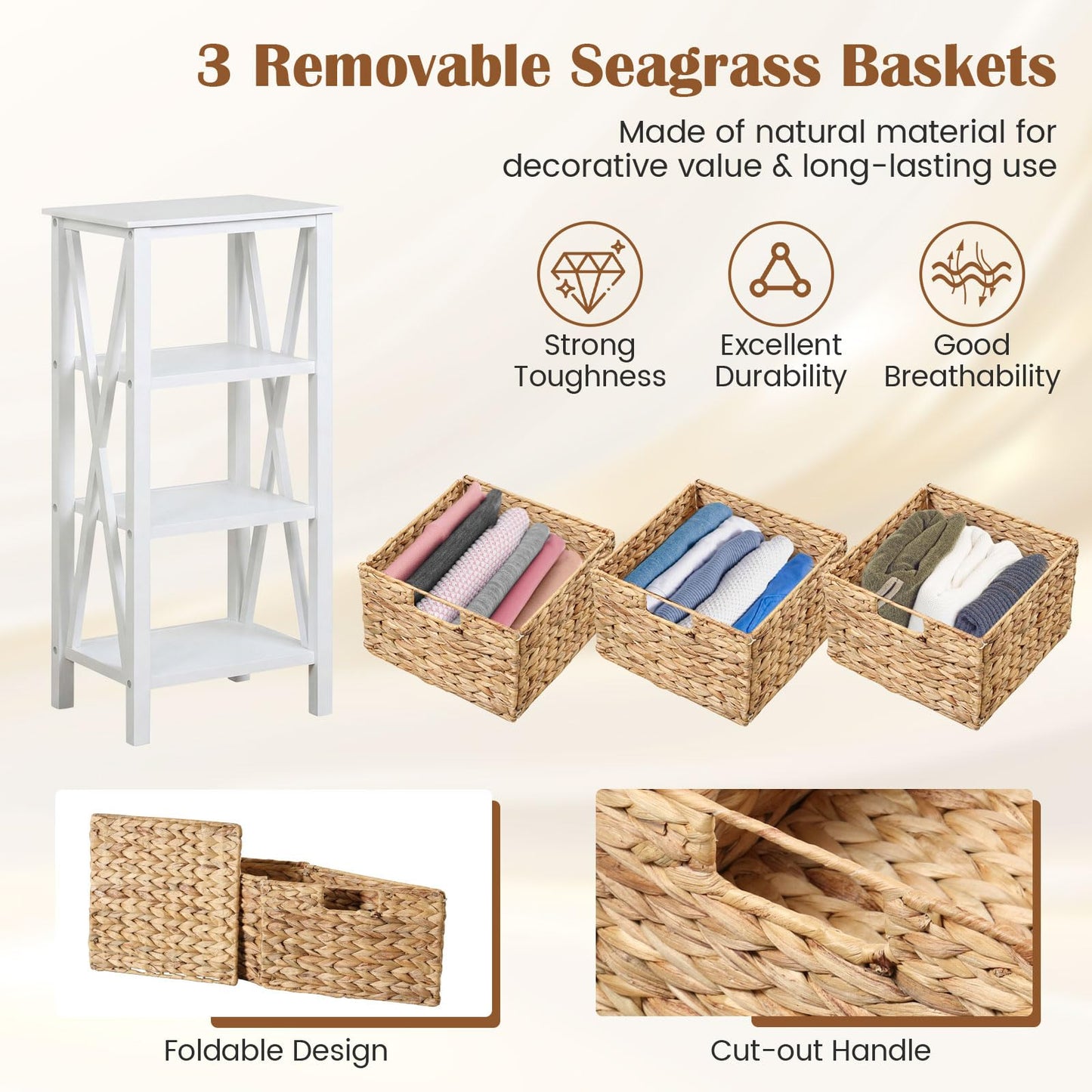 Giantex 3-Tier Nightstand with 3 Wicker Baskets Set of 2, Wooden X-Design Side Table End Table, Beside Table with Acacia Wood Legs, Mid Century Accent Storage Cabinet for Small Spaces, Bedroom, White