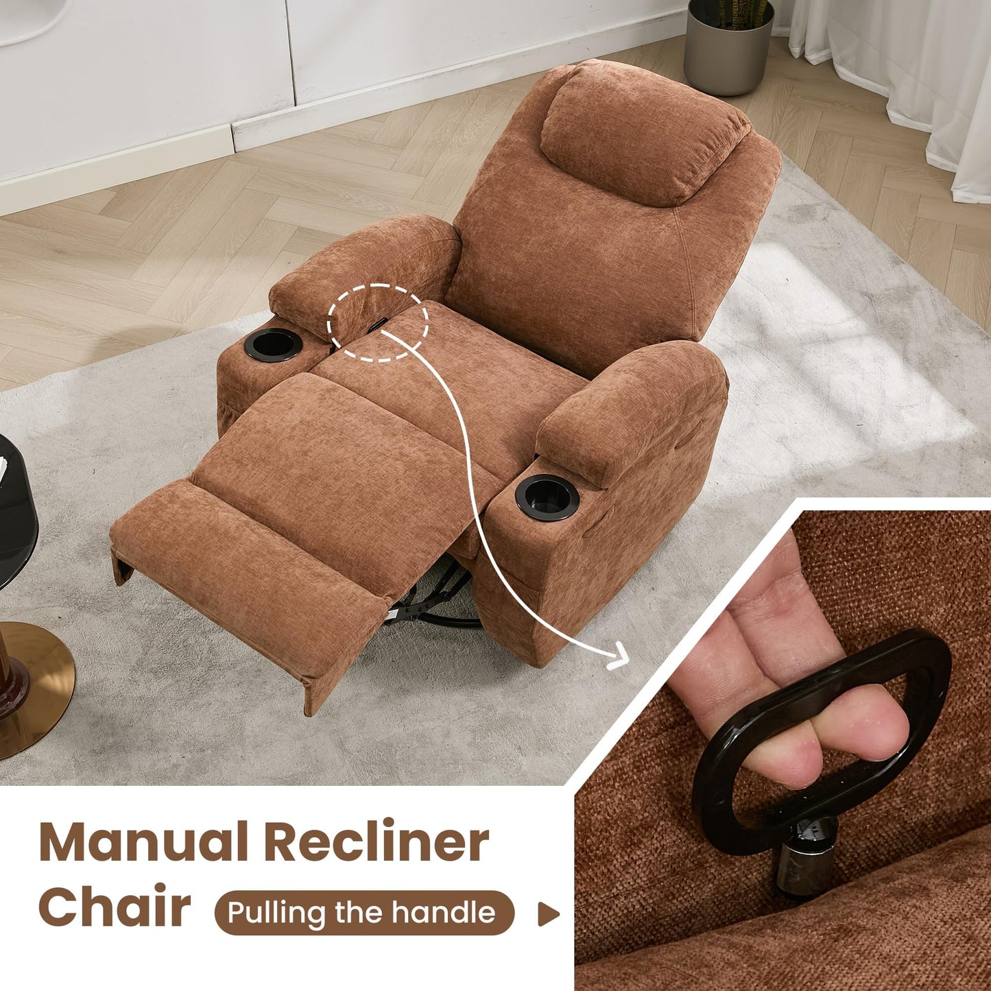 360° Swivel Rocker Recliner Chair for Adults with Massage & Heat, Manual/Electric Glider Reclining Lounge Chair for Living Room, Bedroom, Nursery, Comfortable Fabric Recliner, Light Brown