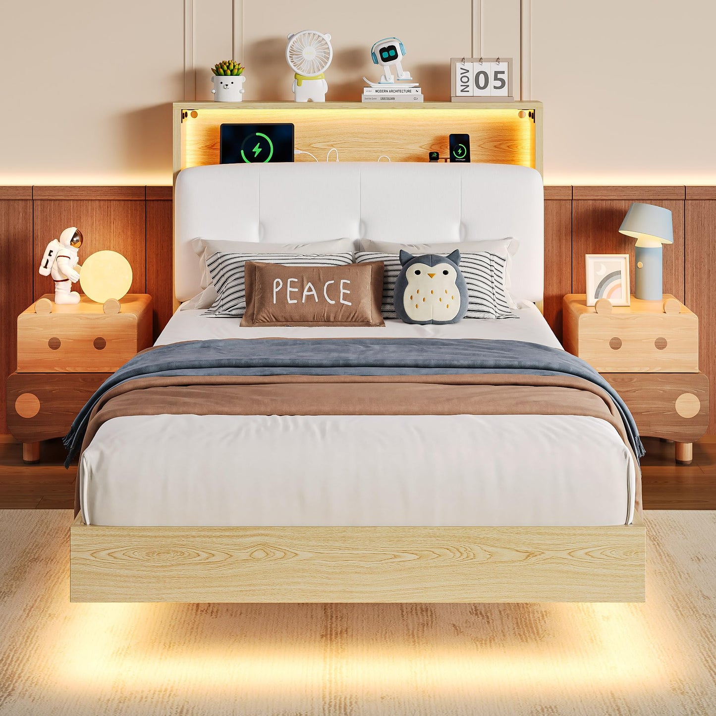 Einhomn Floating Bed Frame Twin with 2-Tier Storage Velvet Fabric Upholstered Headboard, Wooden Platform Bed Frame w/Charging Station & LED Lights, Metal Slats Support, No Box Spring Needed, Natural