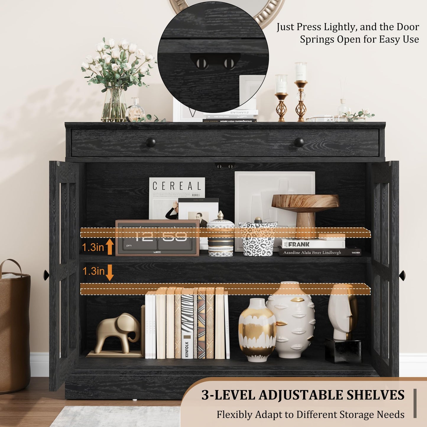 GAOMON 35.4" Modern Black Sideboard Buffet Cabinet with Glass Door, 3 Drawers & 3 Adjustable Shelves, Kitchen Coffee Bar Cabinet, 35.4" W x 30.6" H x 15.7" D