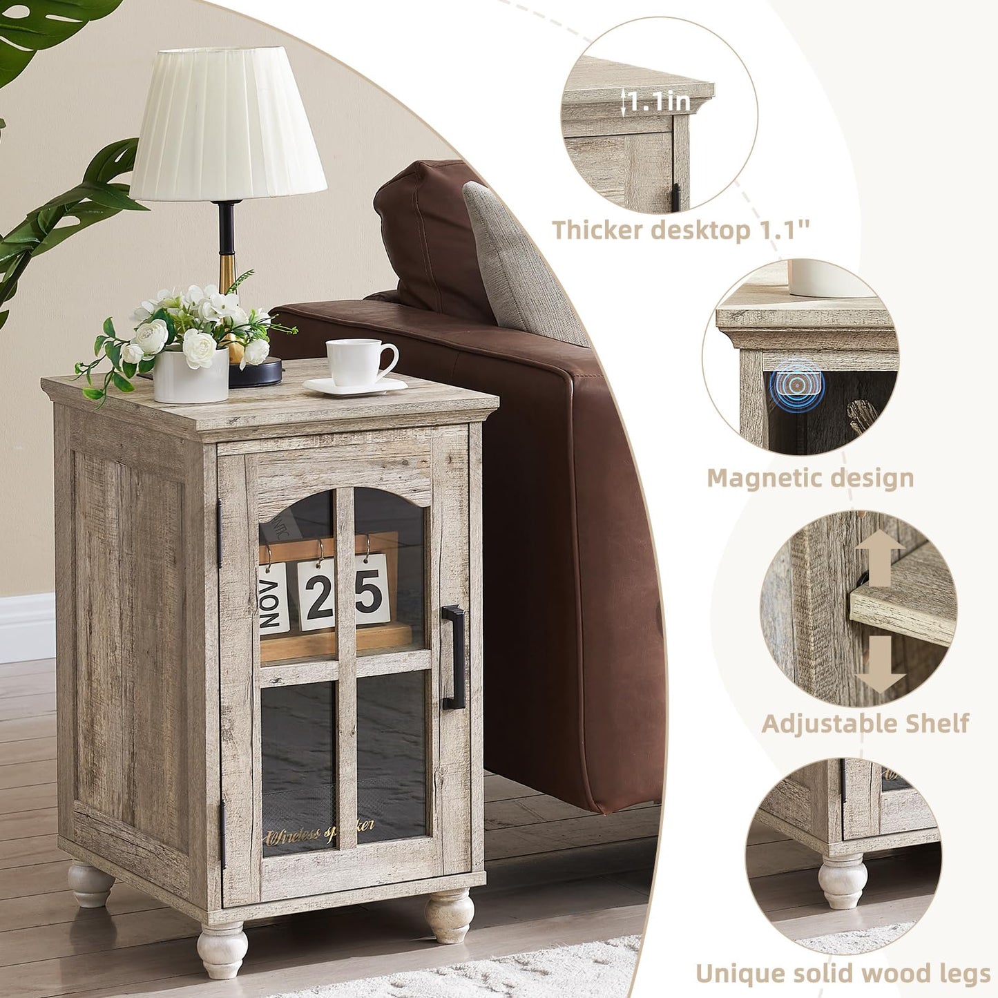 RWYHG Farmhouse End Table Set of 2 with Charging Station, 18'' Narrow Side Table and 24" Large Sofa Table with Glass Barn Door Storage, Wood Night Stand Bedside Cabinet for Living Room,Bedroom