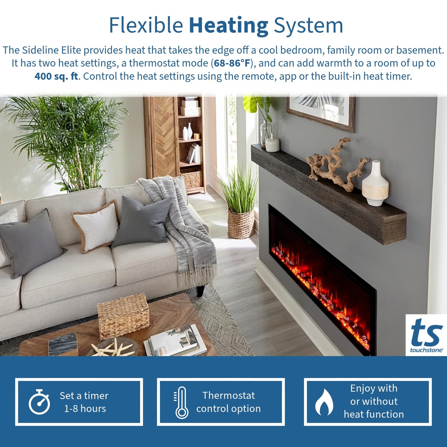 Touchstone Sideline Elite Smart 50” WiFi-Enabled Electric Fireplace - in-Wall Recessed - 60 Color Combinations - 1,500W Heater - Black - Log, Crystals & Driftwood - 80036
