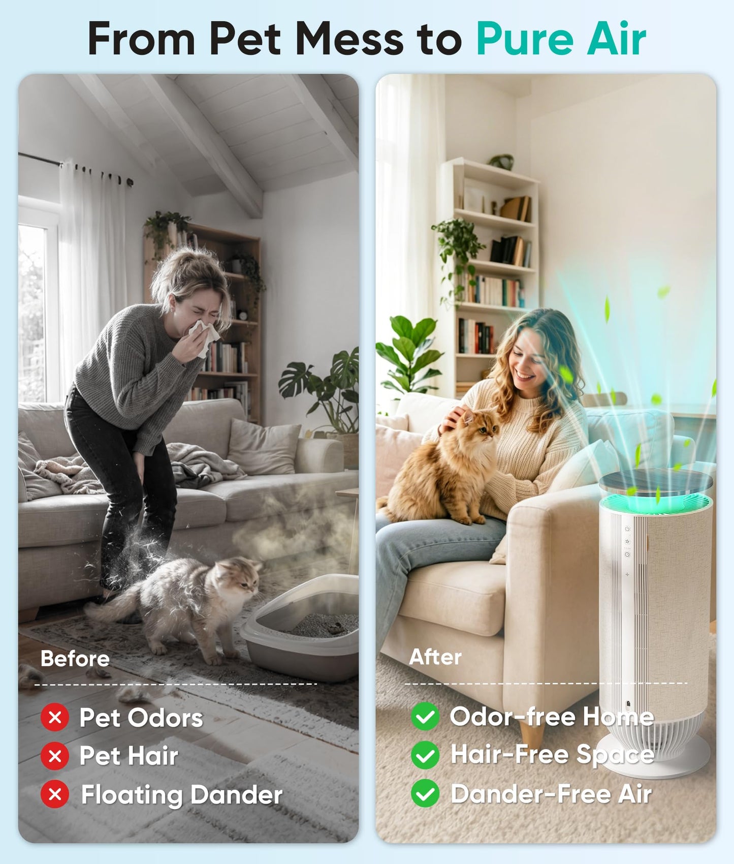 Petbobi Air Purifiers for Home Pets - Air Purifier for Large Room up to 3600 ft², H13 + H11 HEPA for Pet Odors & Hair Dander, 360° Airflow Air Cleaner with PM2.5 Monitor, App Control, Auto Mode