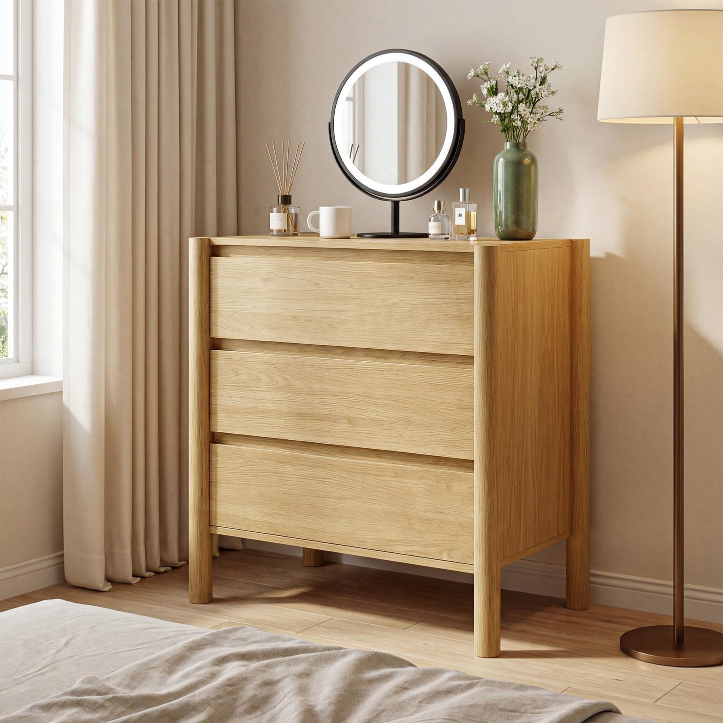 HOUROM Oak3-Drawer Dresser for Bedroom,Oak Mid-Century Modern Chest with Solid Wood Legs,Concealed Handle,Large Wood Storage Organizer,Small Wooden Storage Bedside Table Nightstand for Bedroom