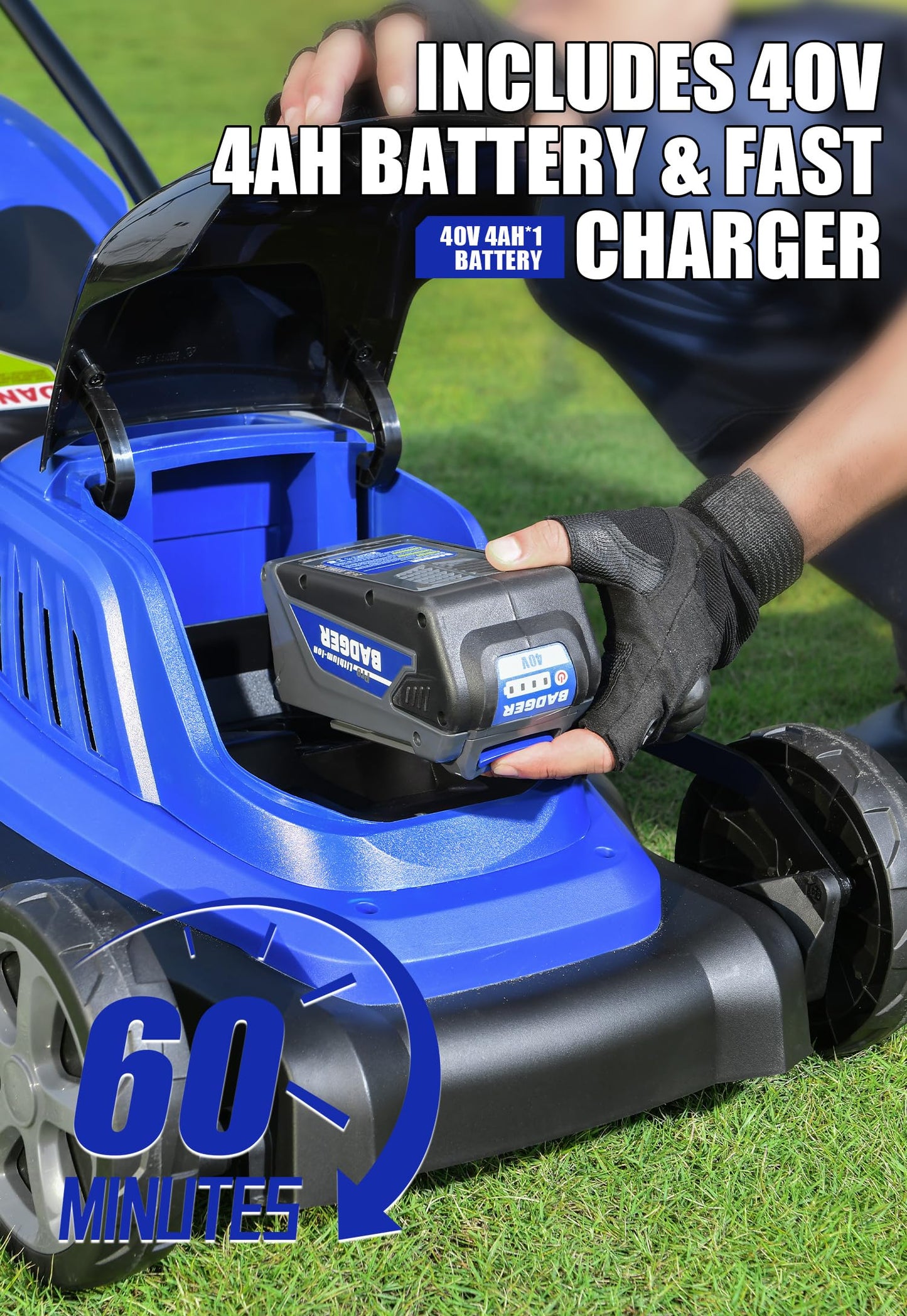 Wild Badger Power 40V 18″ Cordless Lawn Mower Brushless , 5,445 sq ft/0.125 ac, 1×4.0Ah Battery & Fast Charger, 5-Position Height ,for Small-to-Medium Lawns