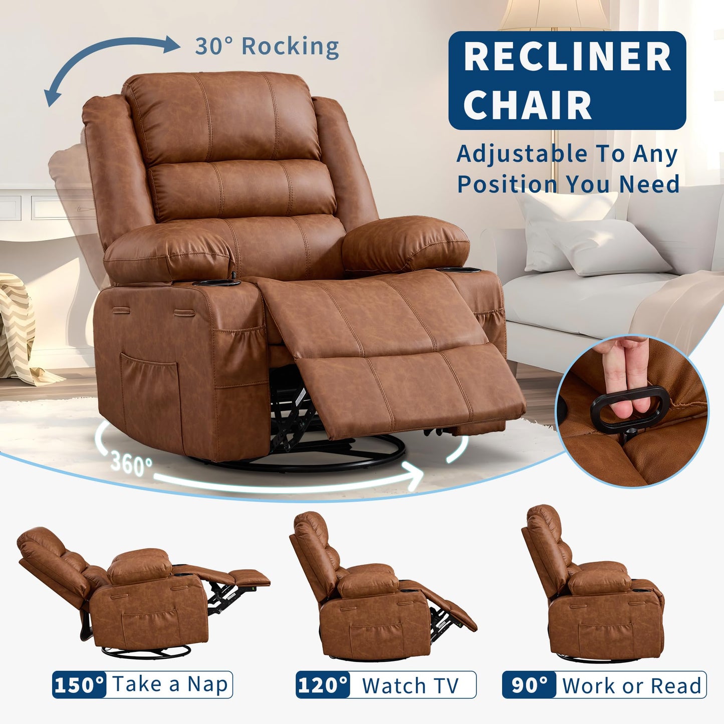 Rocking Recliner Chair for Adults PU Leather Wide Upholstered Glider Recliner with Cup Holder Deep Seat Single Sofa Rocker Chair for Nursery Living Room