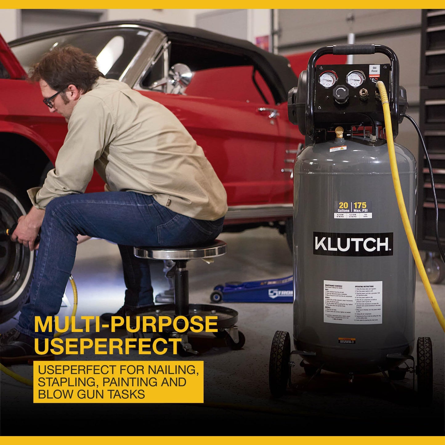 Klutch 20-Gallon Air Compressor, 2 HP, 120 Volts, 175 PSI